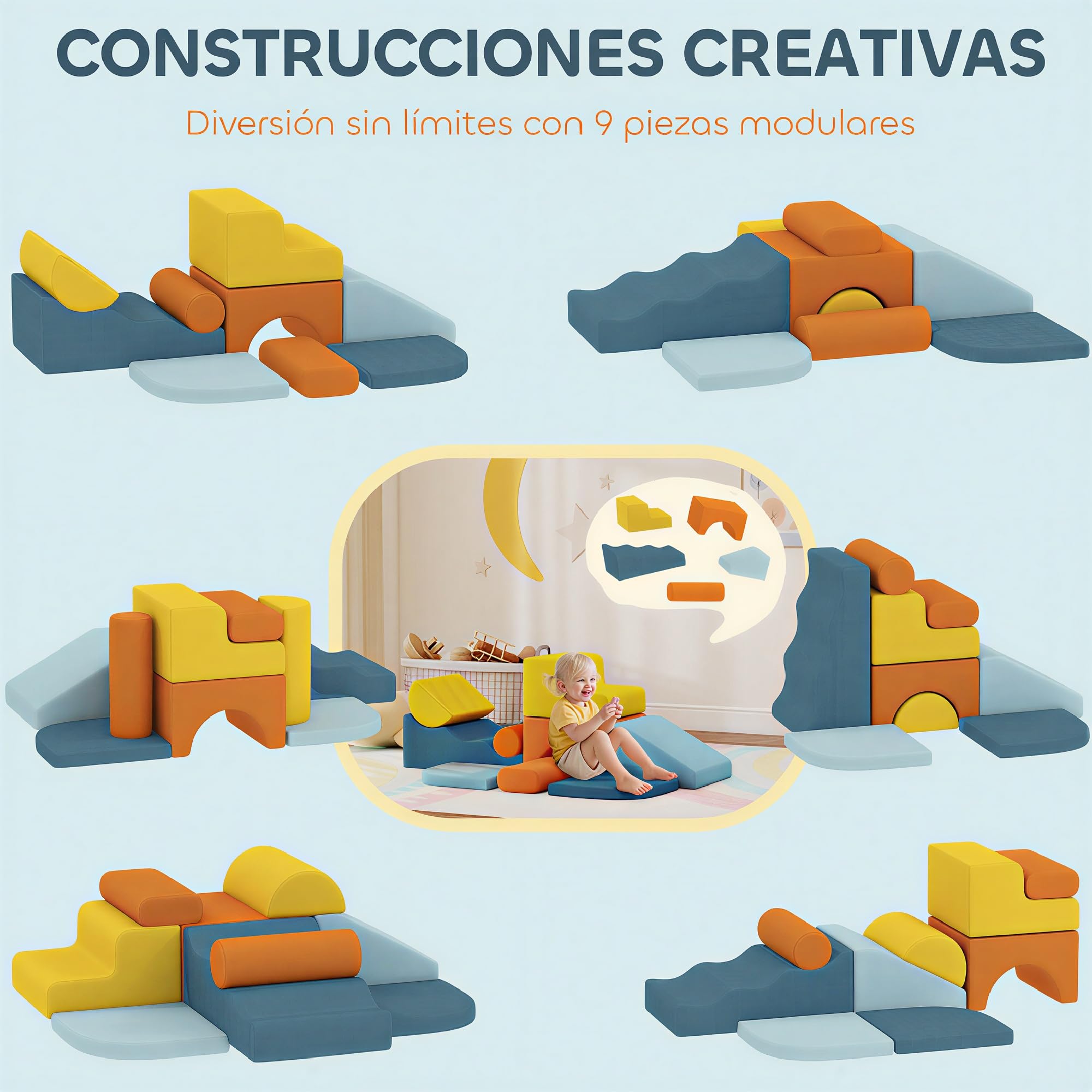 AIYAPLAY Juego de 9 Bloques de Espuma para Niños con Fundas de Terciopelo Lavables, Bloques de Psicomotricidad Set de Escalada para Interior, para Escalar y Gatear, Multicolor