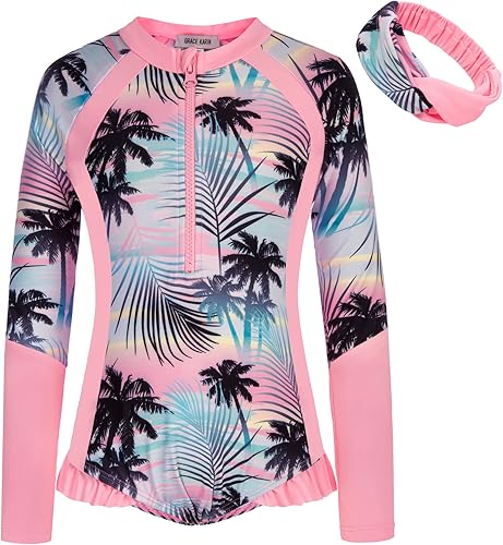 GRACE KARIN Traje de baño de una pieza para niñas, traje de baño de manga larga