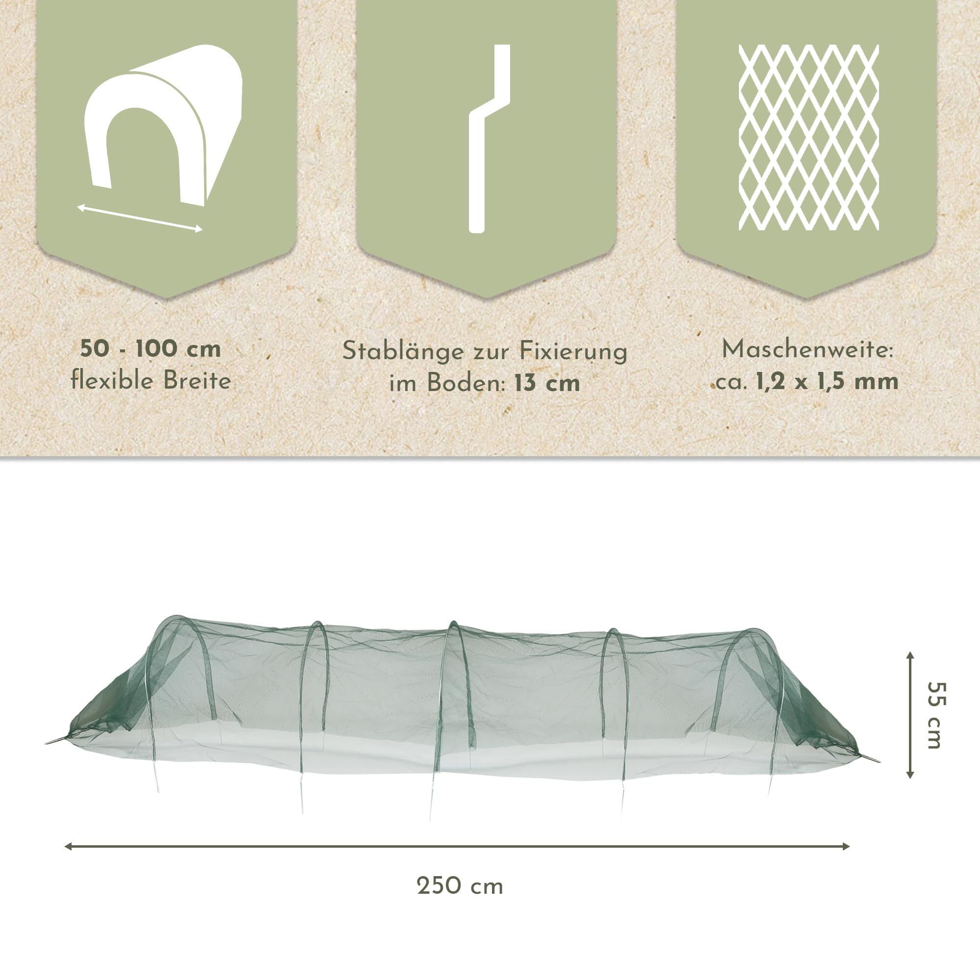 Nativ Pflanztunnel mit Bögen, 250x60x55 cm – 1x Netztunnel für Pflanzen, schützt vor Schädlingen und Wetter, robuster Gartentunnel für Gemüse & Kräuter, Flexibler Frühbeet-Tunnel für Hochbeete