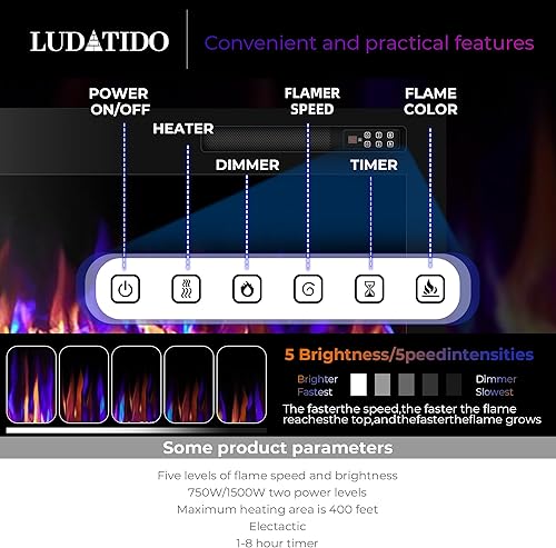 Miniatura 5 de Ludatido Chimenea eléctrica de 72 pulgadas montada en la pared/empotrada, inserto de chimenea eléctrica con 51000BTU para habitación de 410 pies