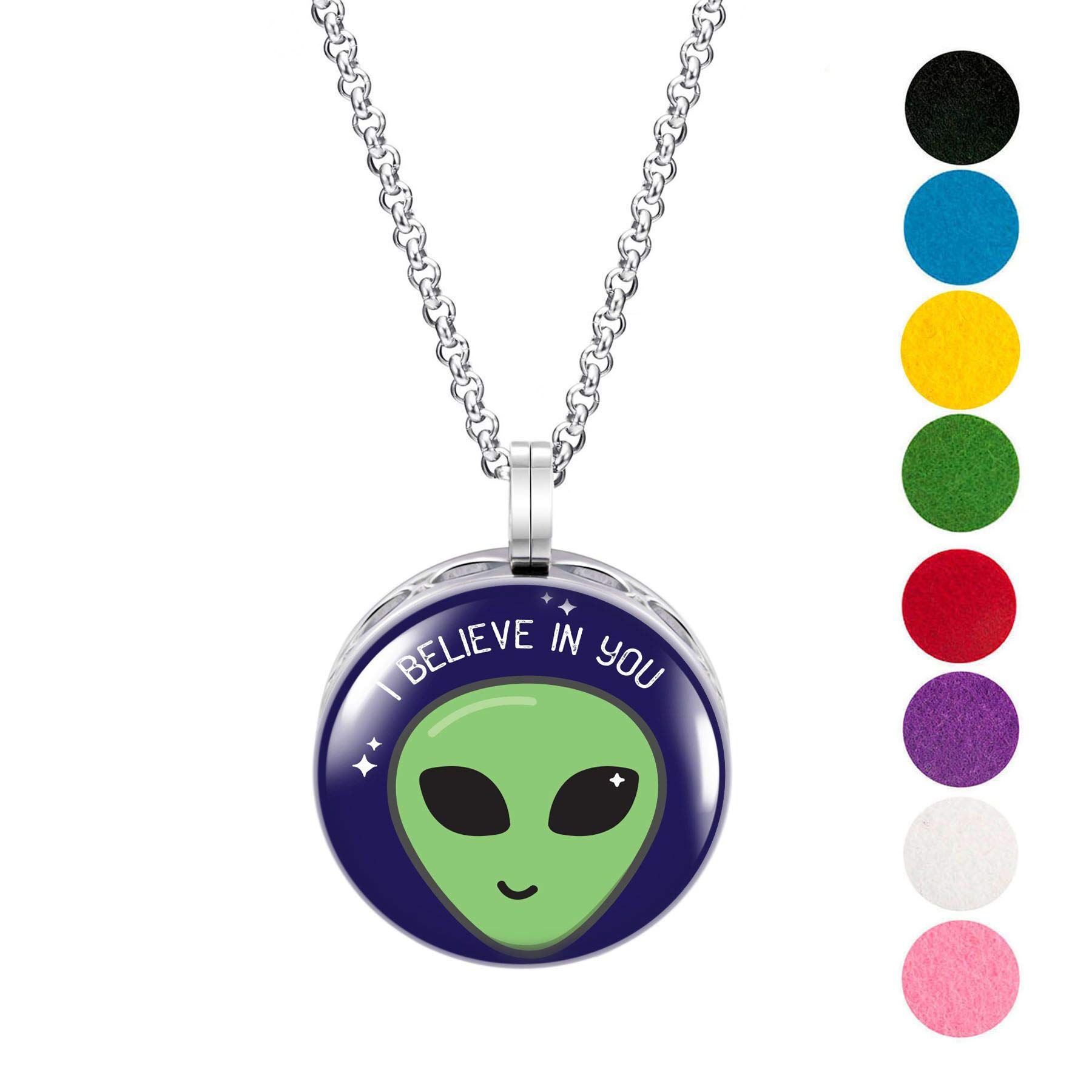 Wild Essentials I Believe in You! Alien Enamel Finish Essential Oil Diffuser Necklace Gift Set - Includes Aromatherapy Pendant, 24" Stainless Steel Chain, 8 Color Refill Pads