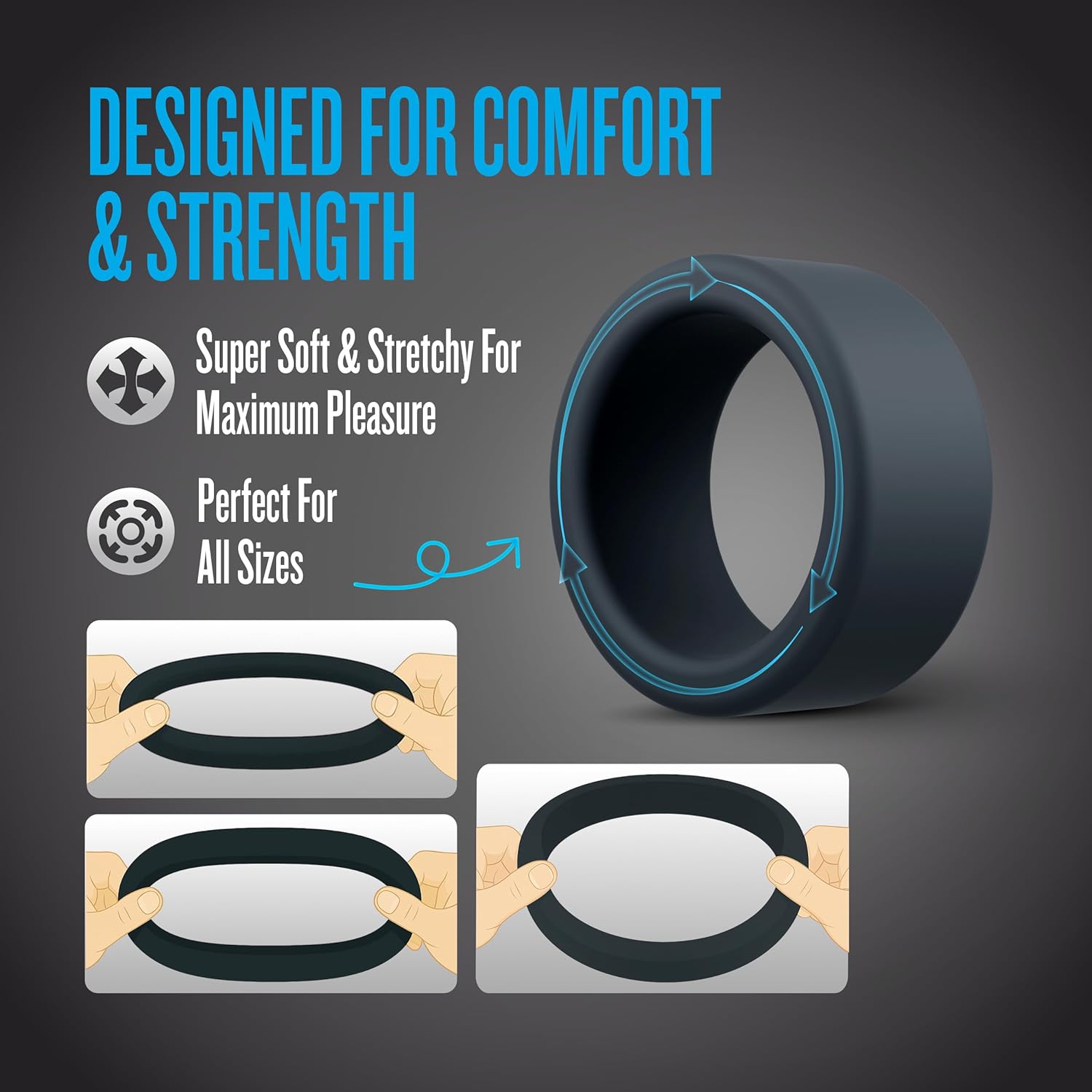 Blush Performance Plus Accelerate Silicone 3 Cock Ring Set, Versatile Thick Super Stretchy Penis Rings Ball Stretcher for Stamina, Longer Harder Erections, Delay Ejaculation Men's Adult Sex Toy -Black