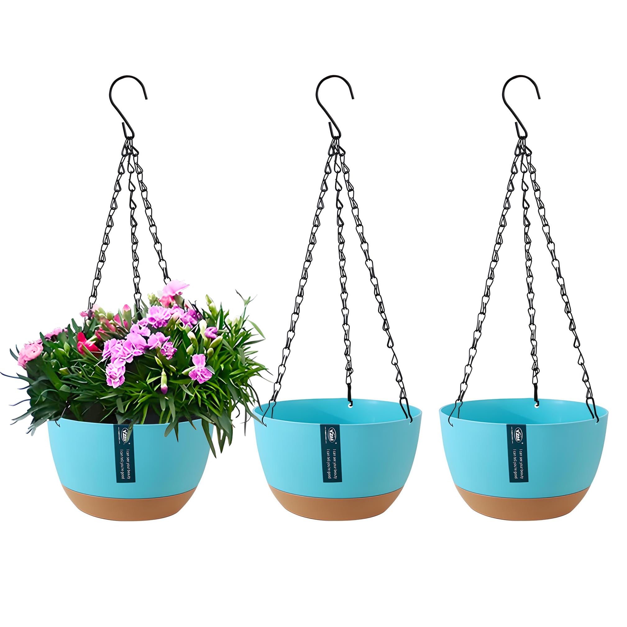 WOWEI 3 Pezzi Vasi da Parete, Vasi da Appendere in Plastica, Vasi da Fiori Sospesi Autoirriganti Vasi da Parete con Serbatoio dell'acqua e Foro di Scarico, Porta Vasi Sospesi con Catene (Marrone