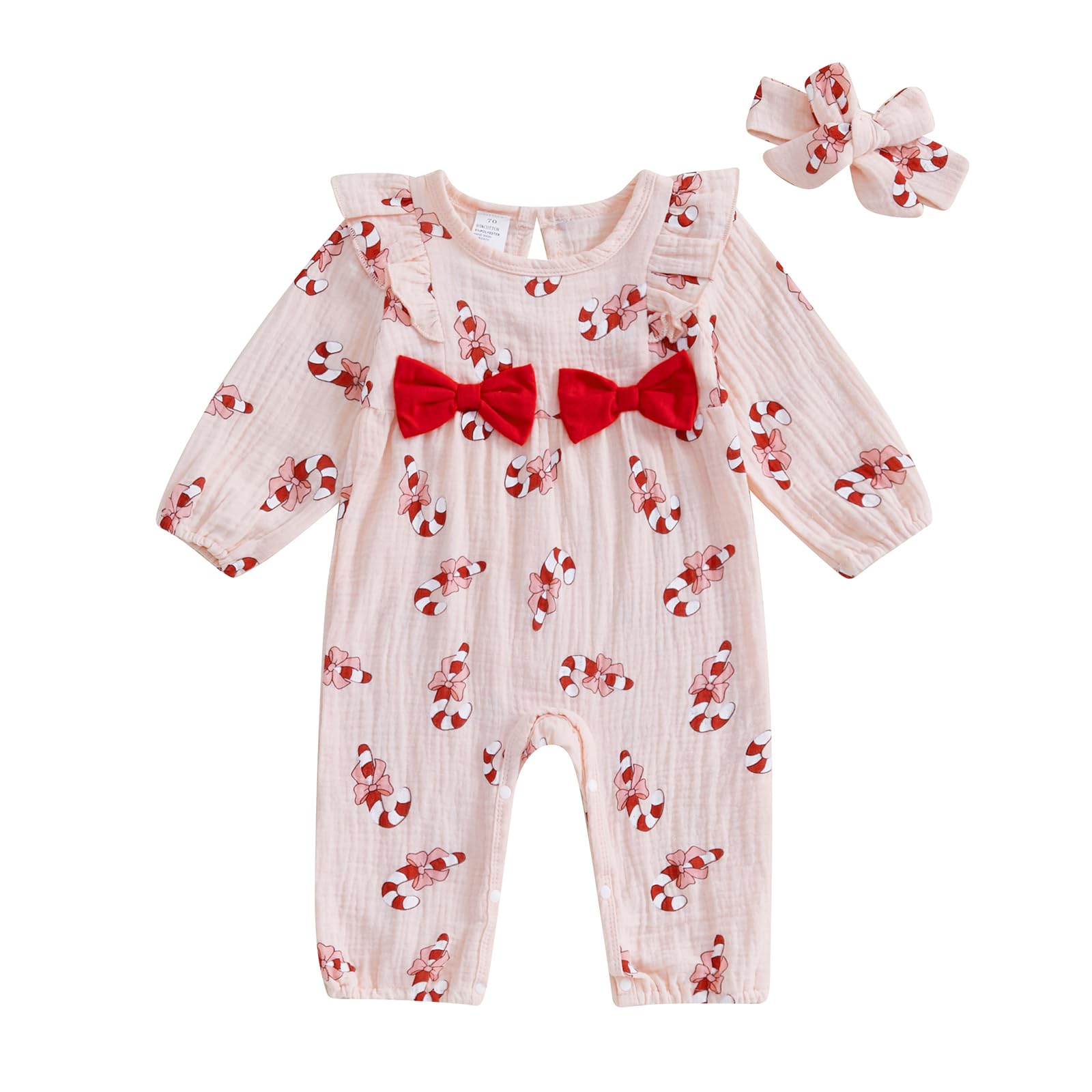 Licupiee Infant Girl Candy Jumpsuit Fall Outfit Long Sleeve Ruffle Romper Gingerbread Playsuit Newborn Christmas Baby Clothes (Pink, 0-3 Months)