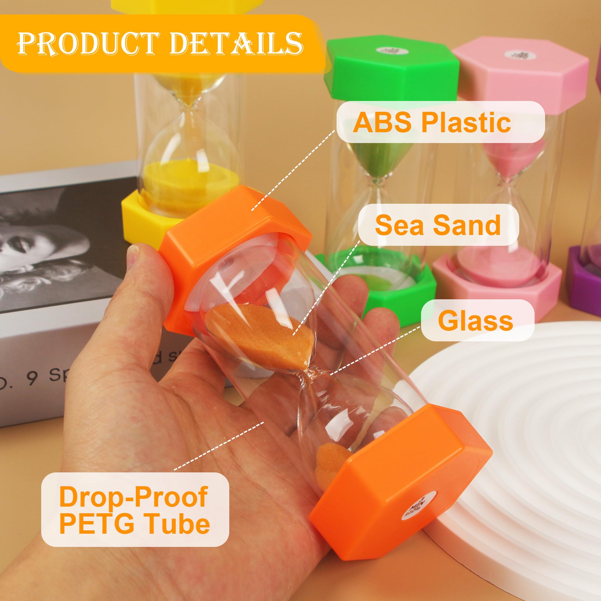 Set 4 Clessidre Per Bambini Con Frutta - 5, 10, 15, 20 Minuti - Plastica Infrangibile - Limone, Arancia, Kiwi, Anguria - 3