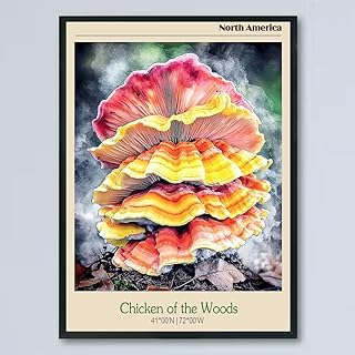 Vintage Chicken of the Woods Mushroom Poster Fungus Wall Art Prints Rustic Mushroom Wall Hanging Illustrative Reference Chart Poster for Living Room Office Classroom Bedroom Decor Frame 8SAsU4
