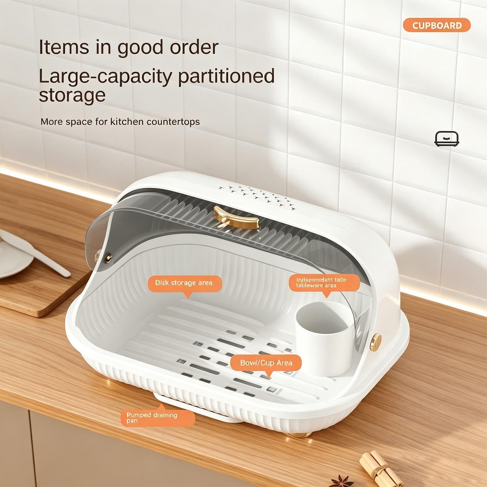 Escurridor de Platos con Tapa Polvo y Asa | Escurridor de Cocina para Tazas, Biberones, Platos, Vasos, Apartamento Pequeño, Autocaravana, Despensa