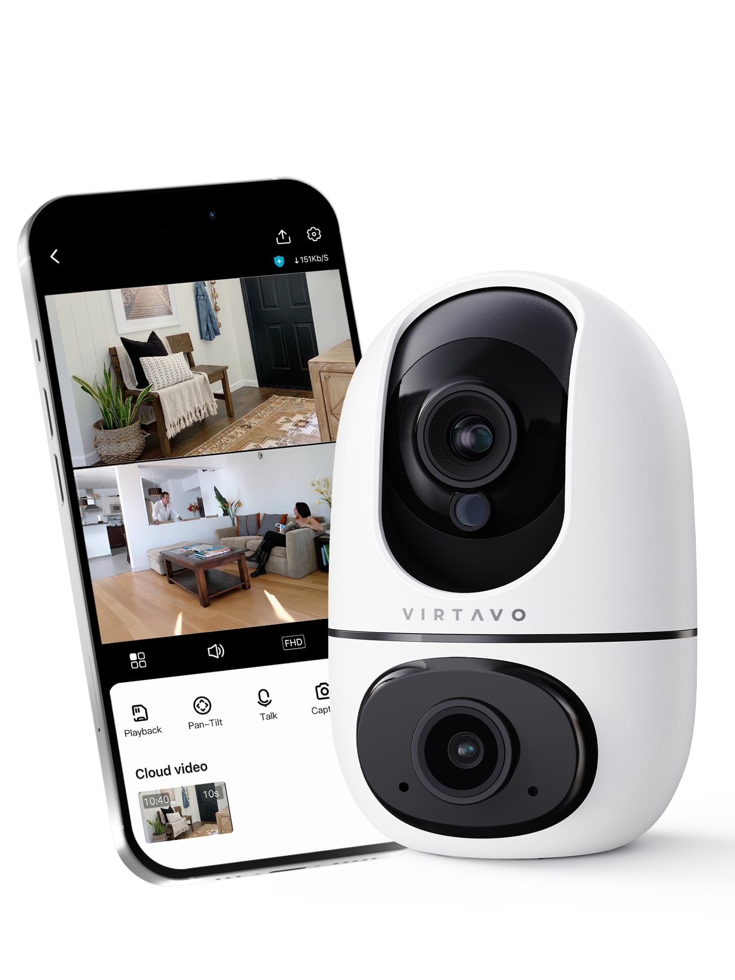 VIRTAVO Cámara Vigilancia Interior 1080P Doble Lente, Visión Nocturna Color Total y Seguimiento IA 360° | Audio Bidireccional, Alertas Móviles | para Bebé, Mascota y Hogar | WiFi 2.4GHz, SD/Nube