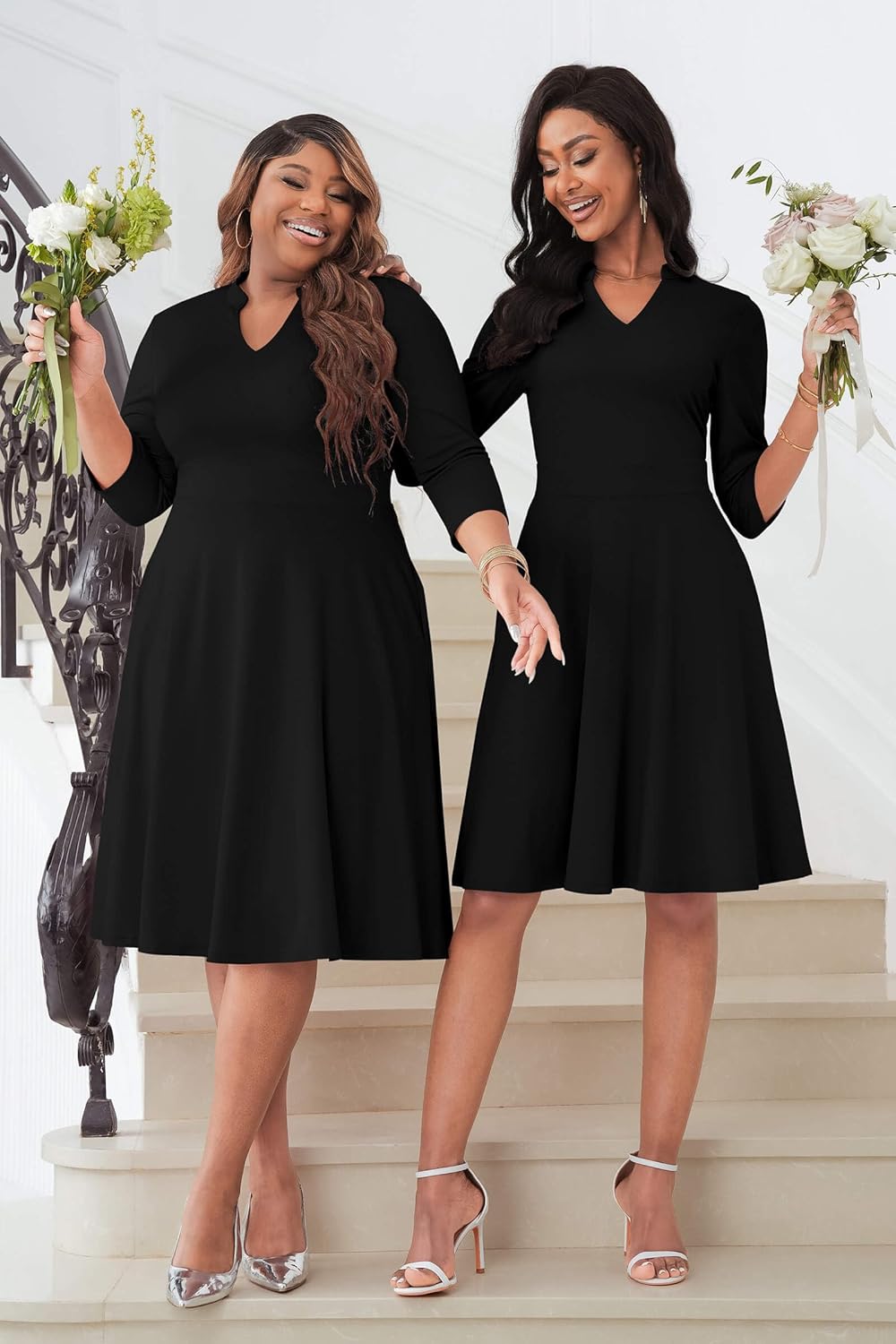CLOCOR Plus Size Dress for Women Semi Formal Church 3/4 Sleeve Fit and Flare Casual Dresses V Neck with Pockets - Image 5