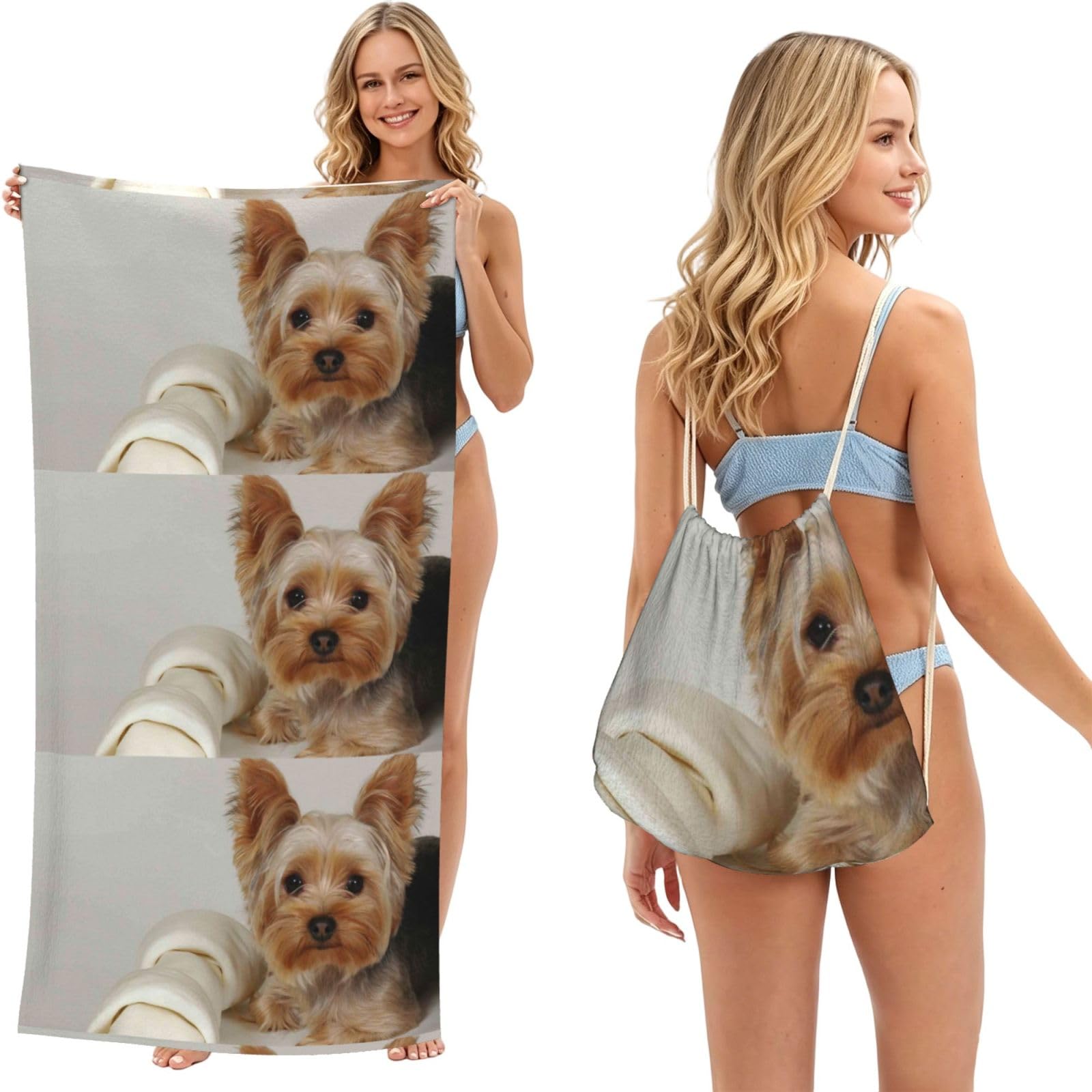 Poadnly As Picture Yorkshire Terrier, 2 In 1 Packable Towel Bag, Beach Towels With Drawstring Backpack For Travel Holiday Camping