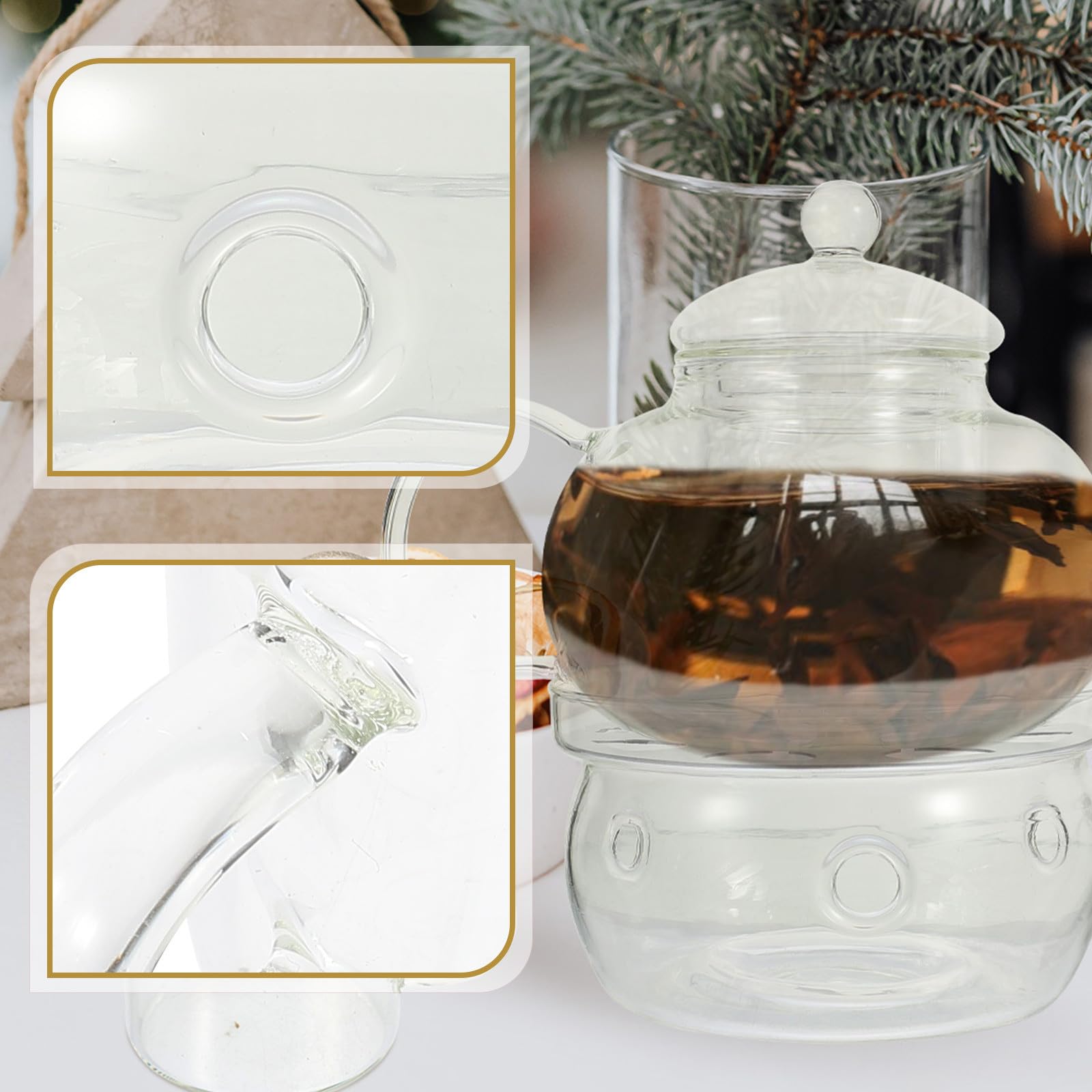 POPETPOP Glas Teekanne mit Teefilter Hitzebeständig Inklusive 4 Gerader Tassen und Rundem Stövchen Geeignet für Asiatische Gongfu Teerituale und Haushaltsgebrauch