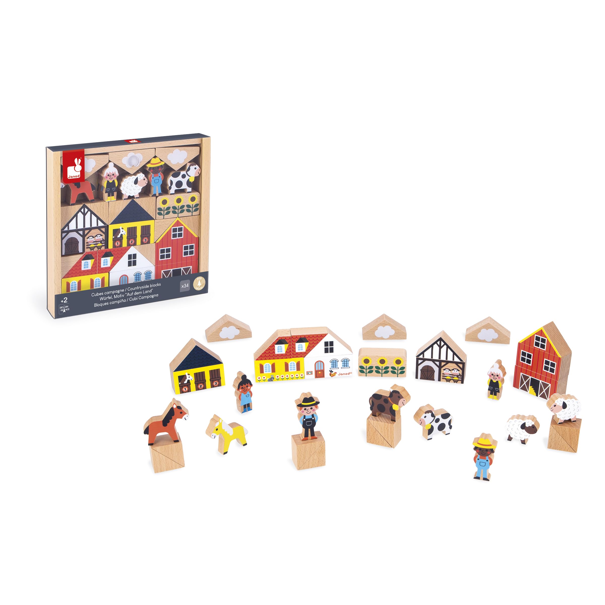 Janod Set di 34 cubi in Legno Massiccio, Tema Country, Complemento Ottime ai tappetini per Auto, Gioco di Costruzione, Sviluppa l'immaginazione, Giocattolo in Legno FSCTM, da 2 Anni, J05937