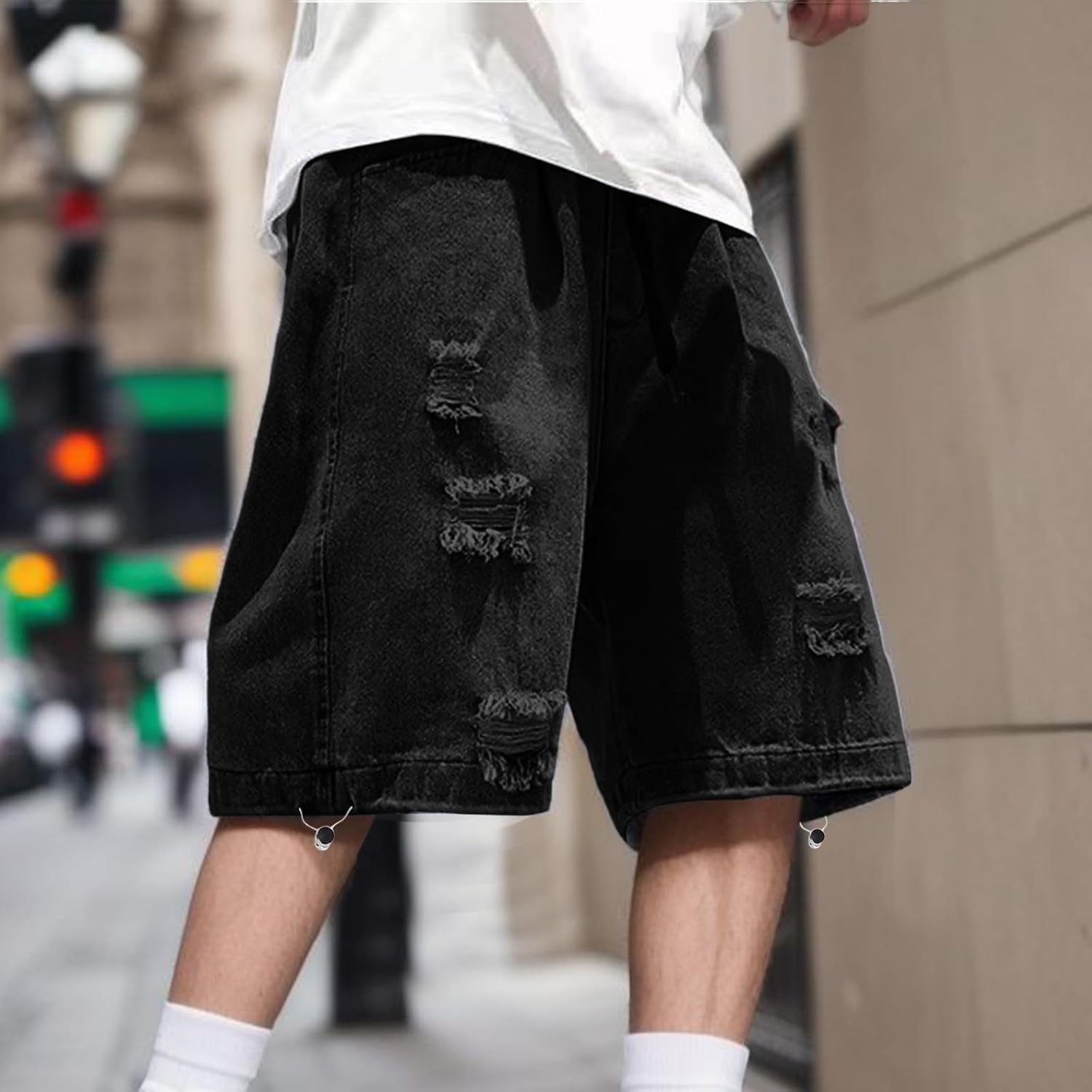 Mens Y2K Ripped Denim Shorts – Wide Leg Baggy Jorts, Distressed Bermuda Jeans Shorts, Streetwear Style