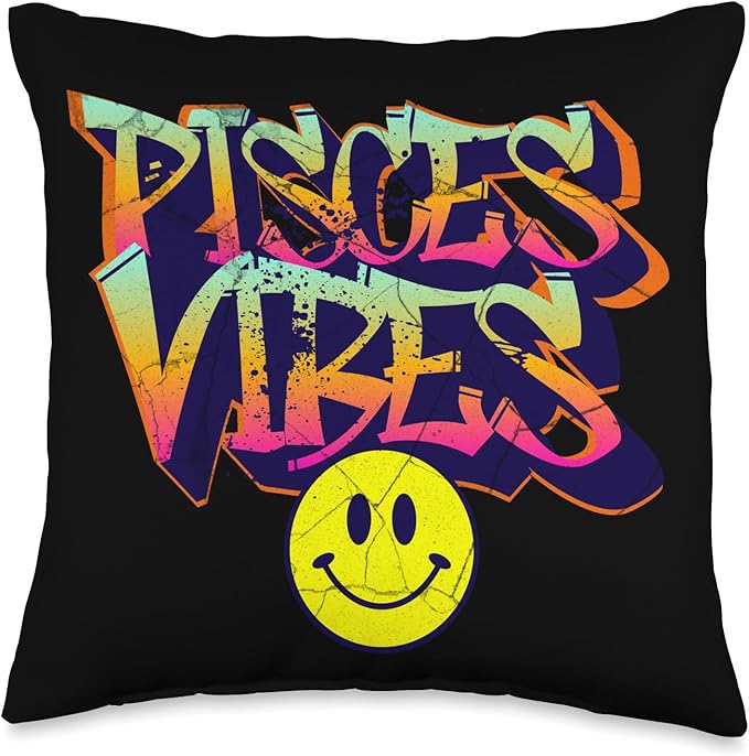 Starlight Threads Pisces Vibes Graffiti Zodiac Birthday Design Product Throw Pillow, 16x16, Multicolor