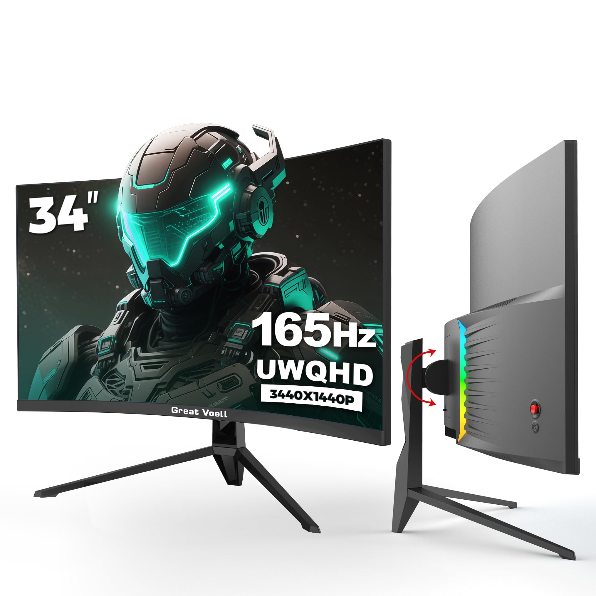 Great voell Monitor da gioco curvo da 34", 165 Hz, UWQHD 3440 x 1440, schermo Ultrawide, 1500R, 127% sRGB