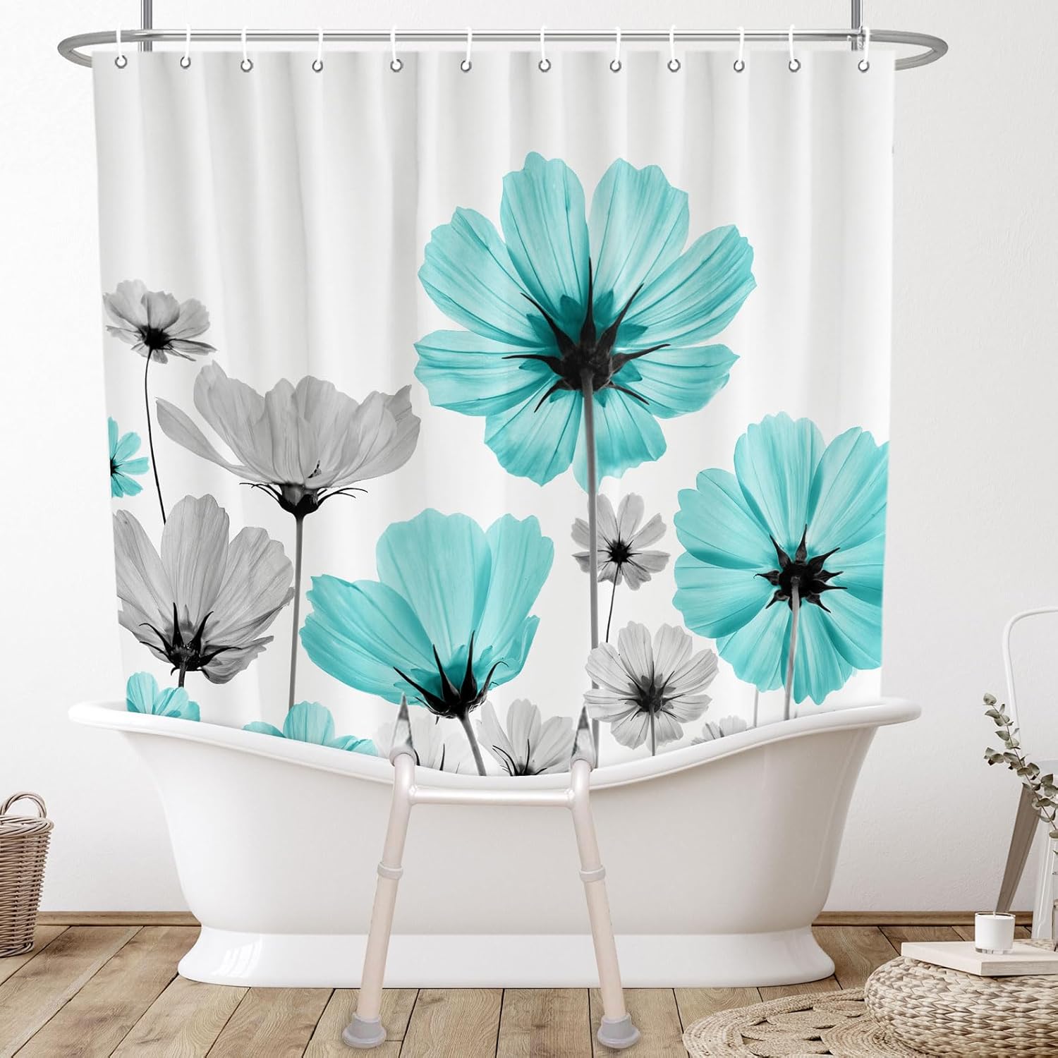 Xioistiy Teal Floral Split Shower Curtain for Bath Transfer