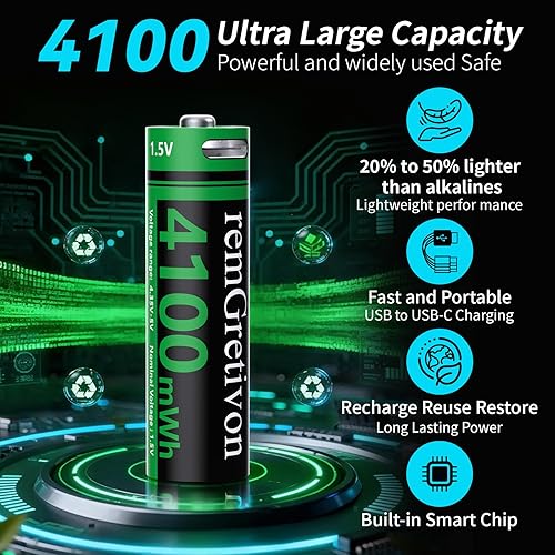 Miniatura 2 de Paquete de 4 baterías AA de litio recargables de 4100 mWh, voltaje variable de 1.5 V con alarma de baja potencia, más de 2500 ciclos para cerraduras