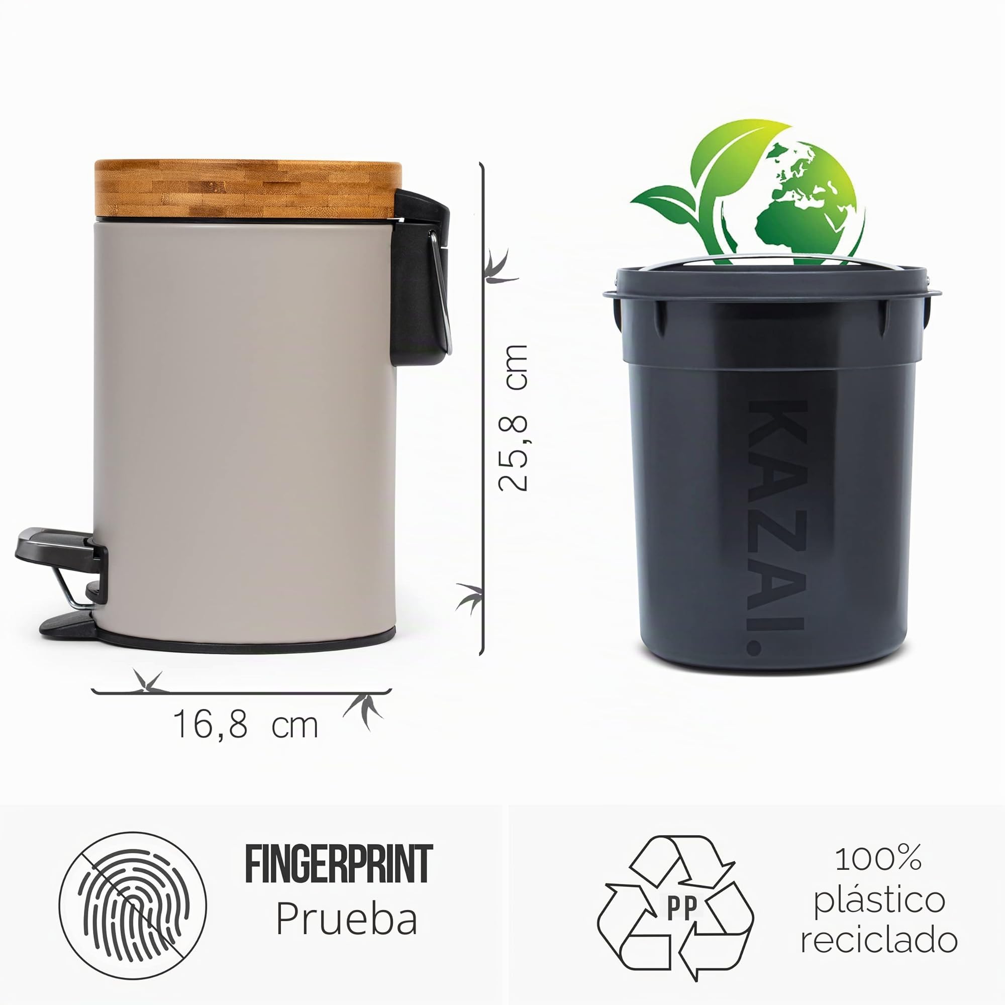 Kazai. 3 Litros Cubo de Basura para el Baño de Diseñador - Bambú Superior | Cierre Suave | Anti-Huellas | Taupe (Claro)