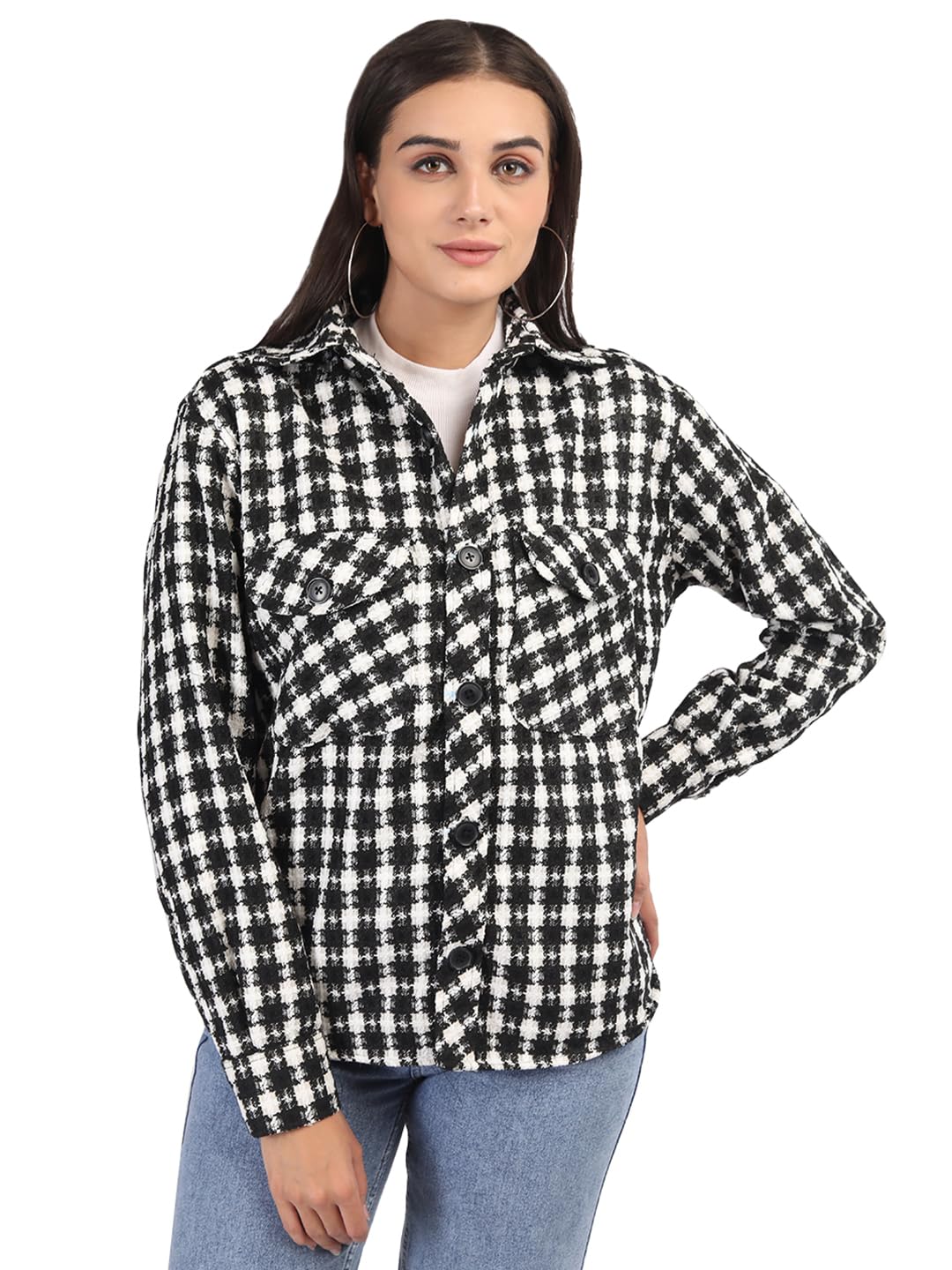 chkokko Women's Polyester Winter Shacket Stylish Standard Length Coat Plaid Jacket Shirt-picture-33