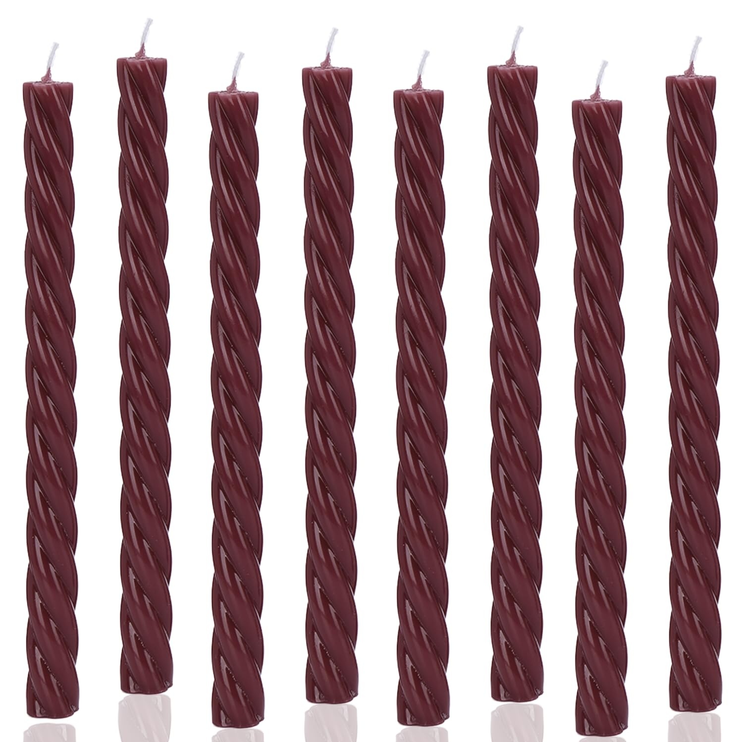 Photo 1 of 10 Inch Burgundy Spiral Taper Candles, 8 Pack Unscented Dripless Long Burning Candlesticks, Dark Red Glossy Tapered Candles for Dinner Party, Wedding Shower & Home Decor