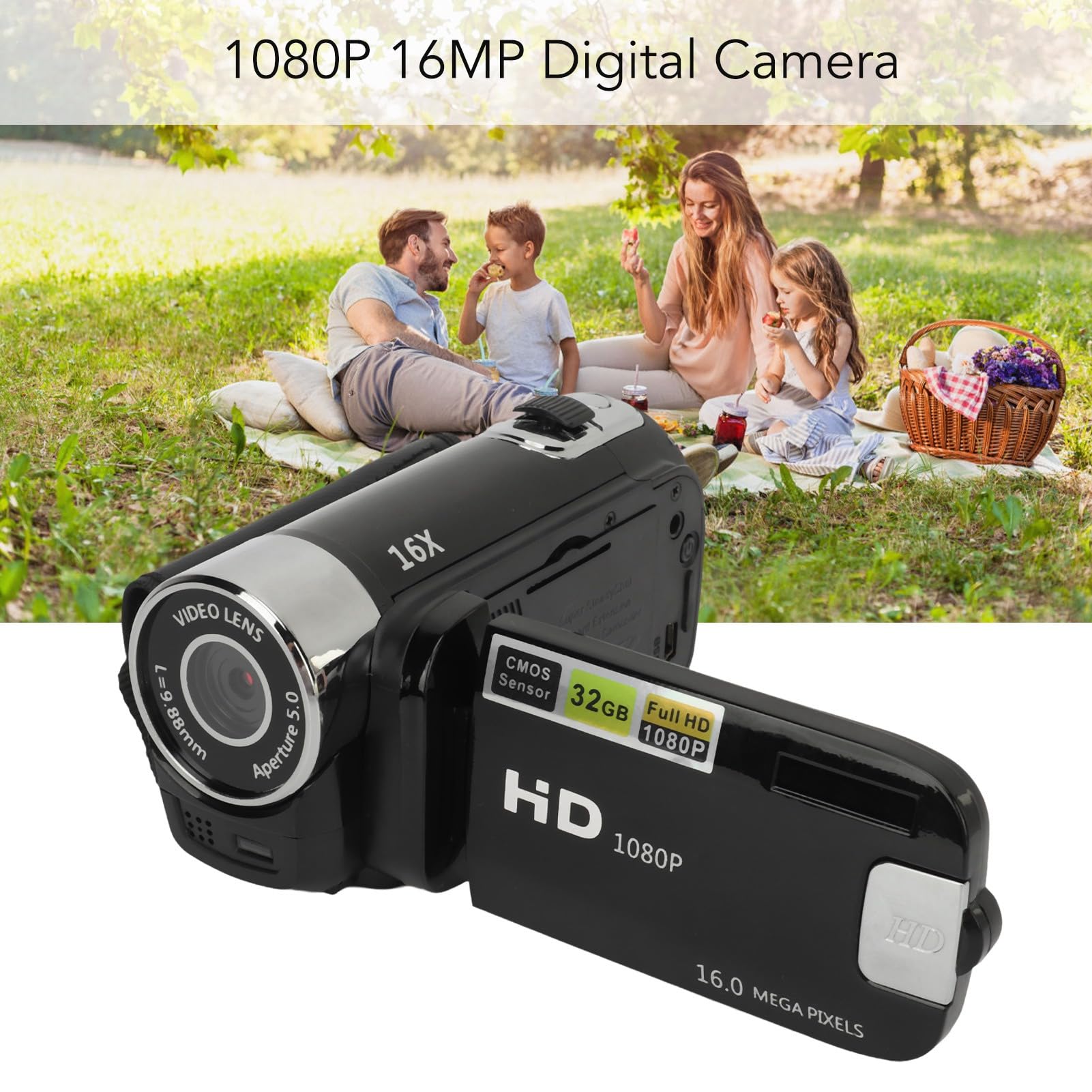 Tbest Videokamera-Camcorder, Digitale Videokamera, Kamera mit Drehbarem Bildschirm, Flip-Screen-Camcorder, 1080P, 16 MP, 16-facher Zoom, Fülllicht [PLATZHALTER] mit HD-Ausgang für (Black)