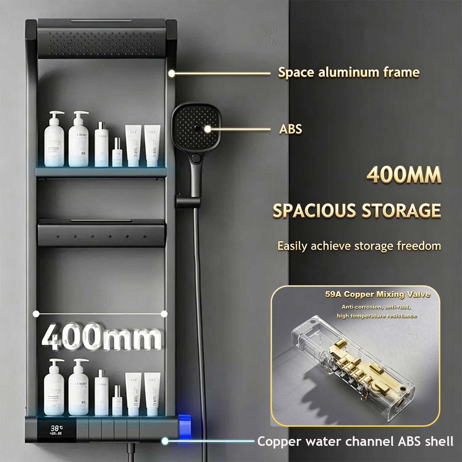 Sistema de ducha termostático, pantalla digital LED, modo de lluvia y mano de 6 pulverizaciones, construcción de cobre de alta gama para una experiencia de baño lujosa