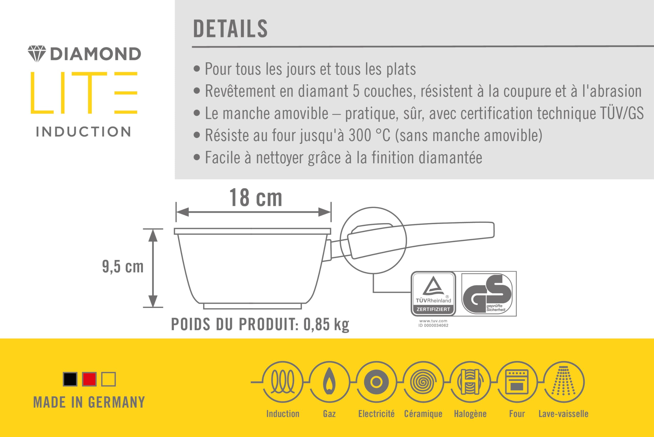 Woll Diamond Lite casserole en fonte - Induction -, Ø 18 cm, hauteur 9.5 cm, 2 litres, avec manche amovible - Convient à tous les types de cuisinières, antiadhésif, fonte d'aluminium