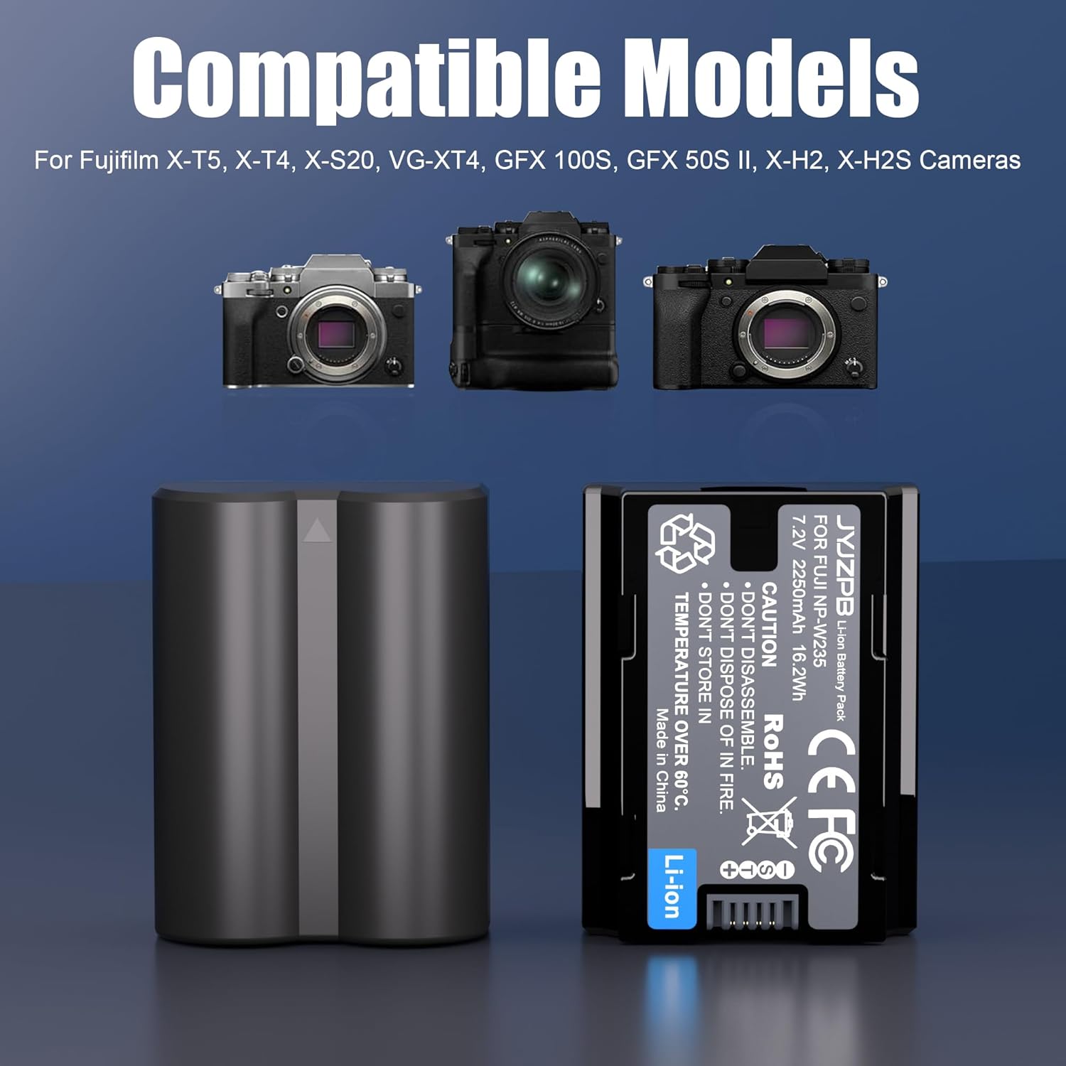 JYJZPB NP-W235 Battery Fit for Fujifilm XT4, X-T5, NP-W235 Dual Battery Charger for Fujifilm X-T4, VG-XT4, XT5, X-S20, GFX50S II, GFX100S, X-H2, X-H2S Battery 2250mAh - Image 2