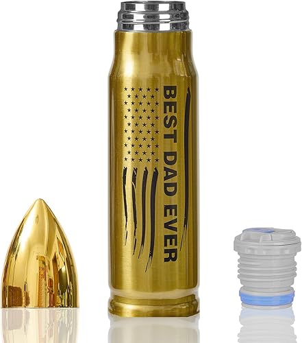 Best Dad Ever Afranti 304 - Botella de agua con forma de bala de acero inoxidable 304, 17 onzas, 16.9 fl oz, doble pared aislada al vacío, taza de