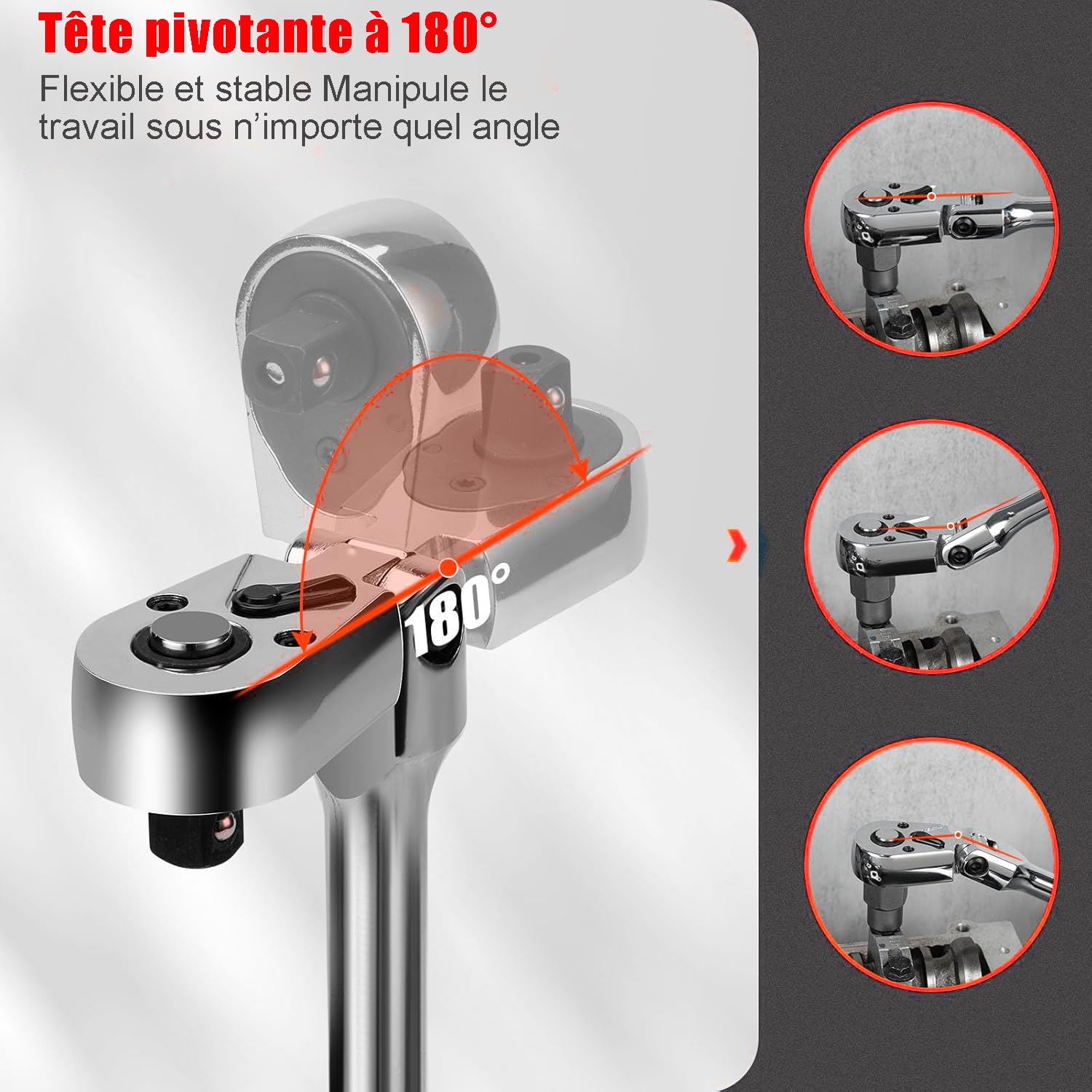 Jeu de 6 clés à cliquet à tête flexible 1/4", 3/8", 1/2