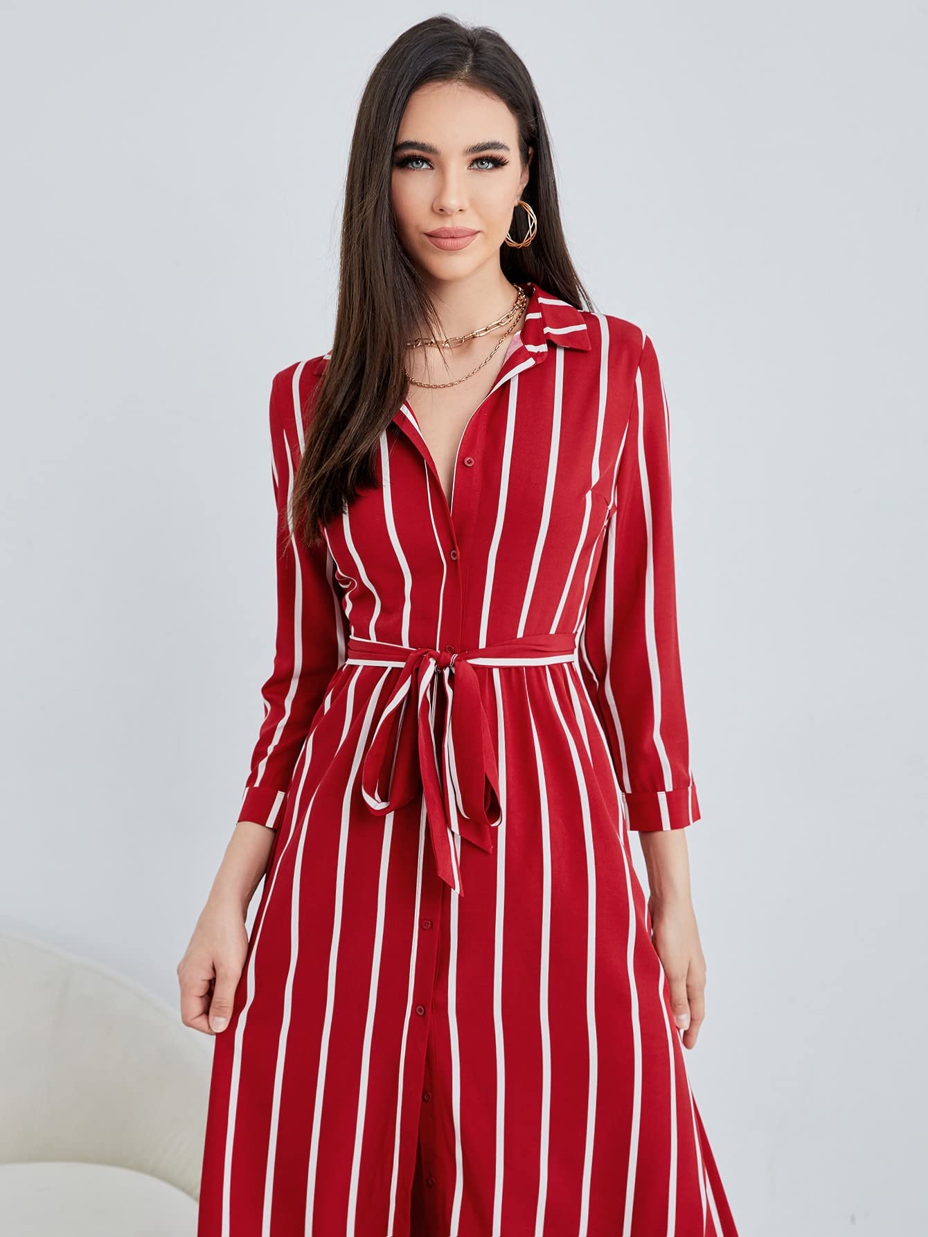 Amazon.com: Neeno Women's Dresses Striped Print Belted Shirt Dress Dress  for Women (Color : Burgundy, Size : Medium) : Clothing, Shoes & Jewelry