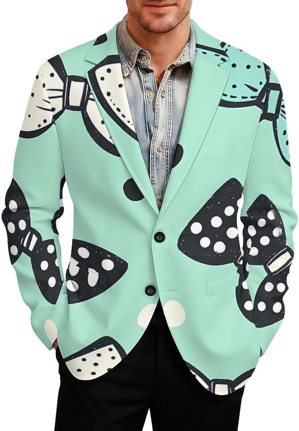 Polka Dot Neckties Mint Green Fashion Blazer for Men Suit Jackets Lightweight Button Lapel Sport Coats