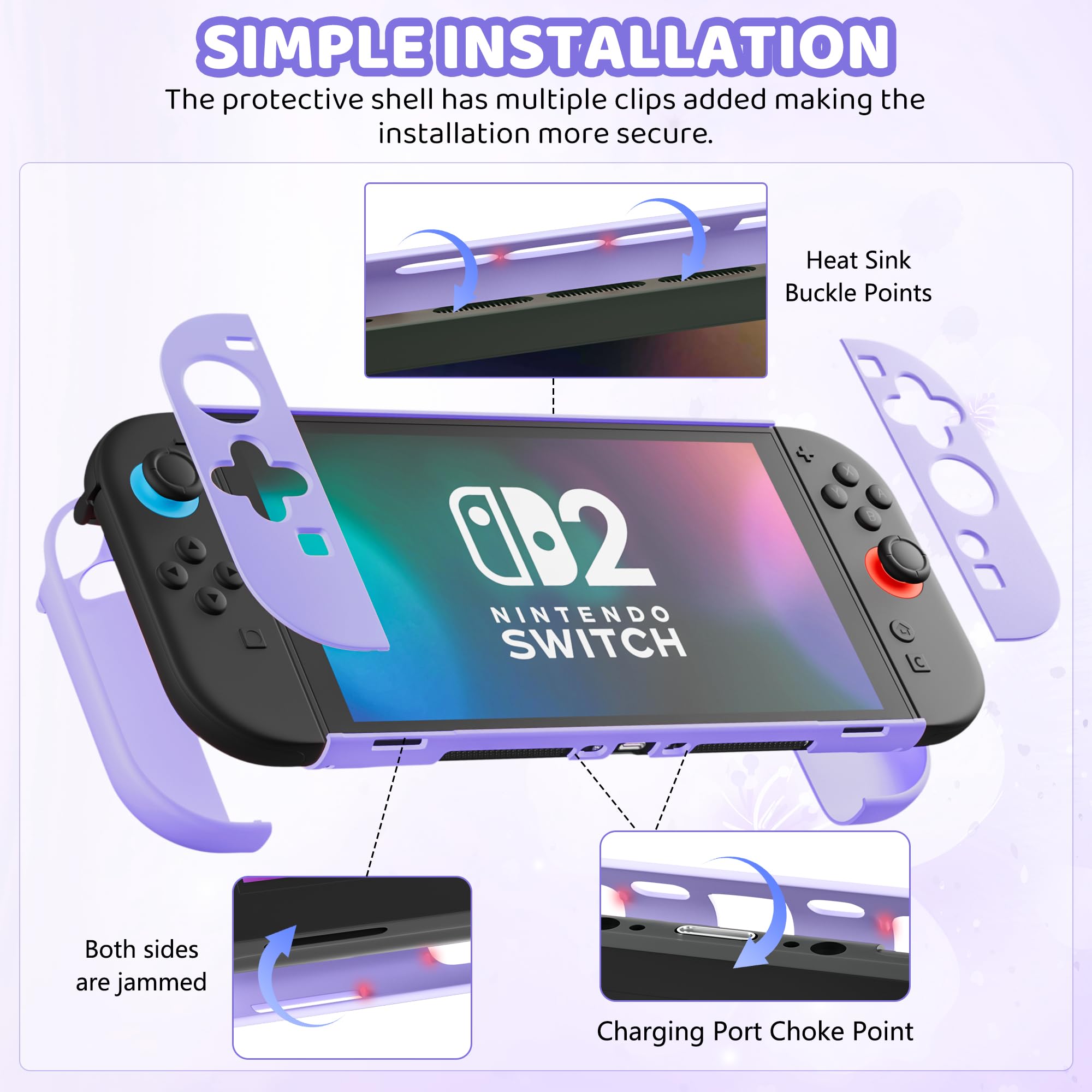 RHOTALL Sakura - Borsa da viaggio per Nintendo Switch 2 (2025) 7,9 pollici, con custodia protettiva e custodia rigida per Switch 2, protezione schermo, 2 tappi per pollice, colore: Viola