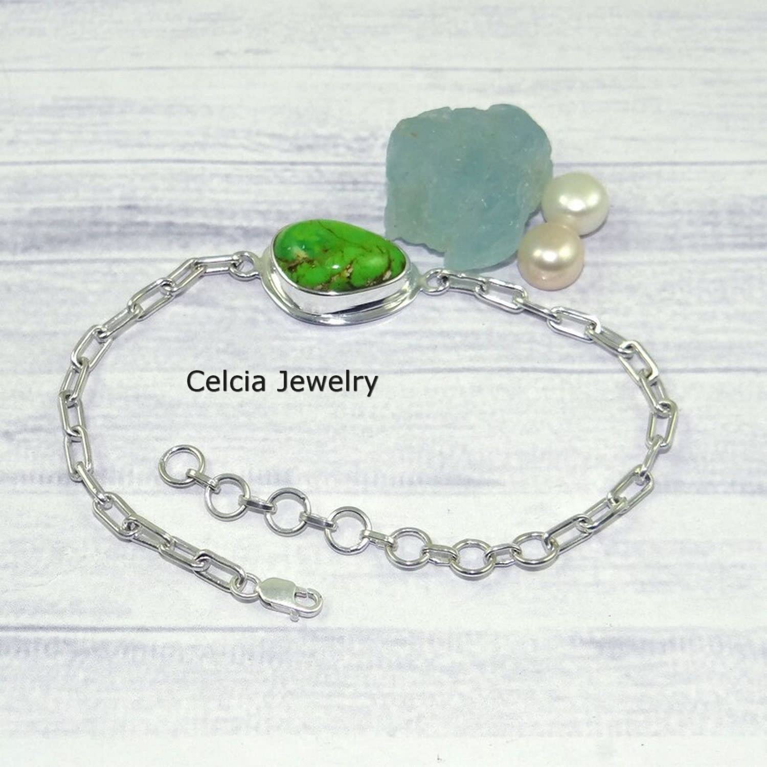 Pulsera de plata de ley 925 maciza para mujeres y niñas, pulsera de turquesa de cobre verde, pulsera artesanal única de piedras preciosas para ella o él