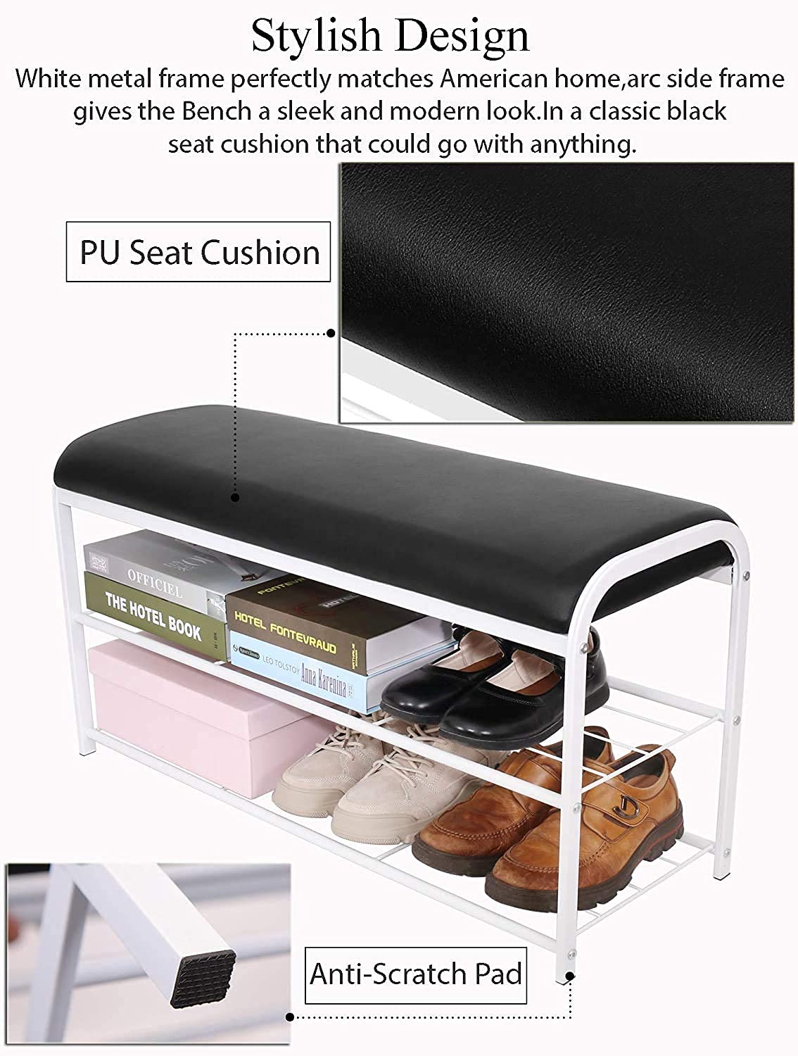 INDIAN DECOR. 45406 Shoe Bench Rack Entryway with Faux Leather Seat, 2 Tiers Shoe Shelf Industrial Stand End Bed Stool for Hallway Bedroom Living Room Corridor - White - Made in India! 2