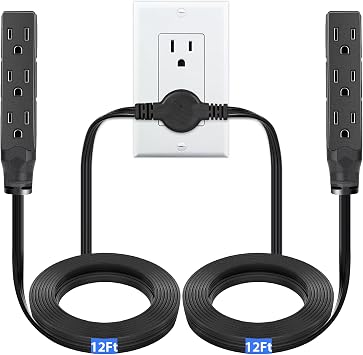 Twin Extension Cord Power Strip 24Ft with 6 3 Ground Outlets for Indoor Use | Double Extension Cord, 12 Feet on Each Side, Flat Plug Extension Cord Two Way Splitter for Behind Bed Cabinet Couch Furniture