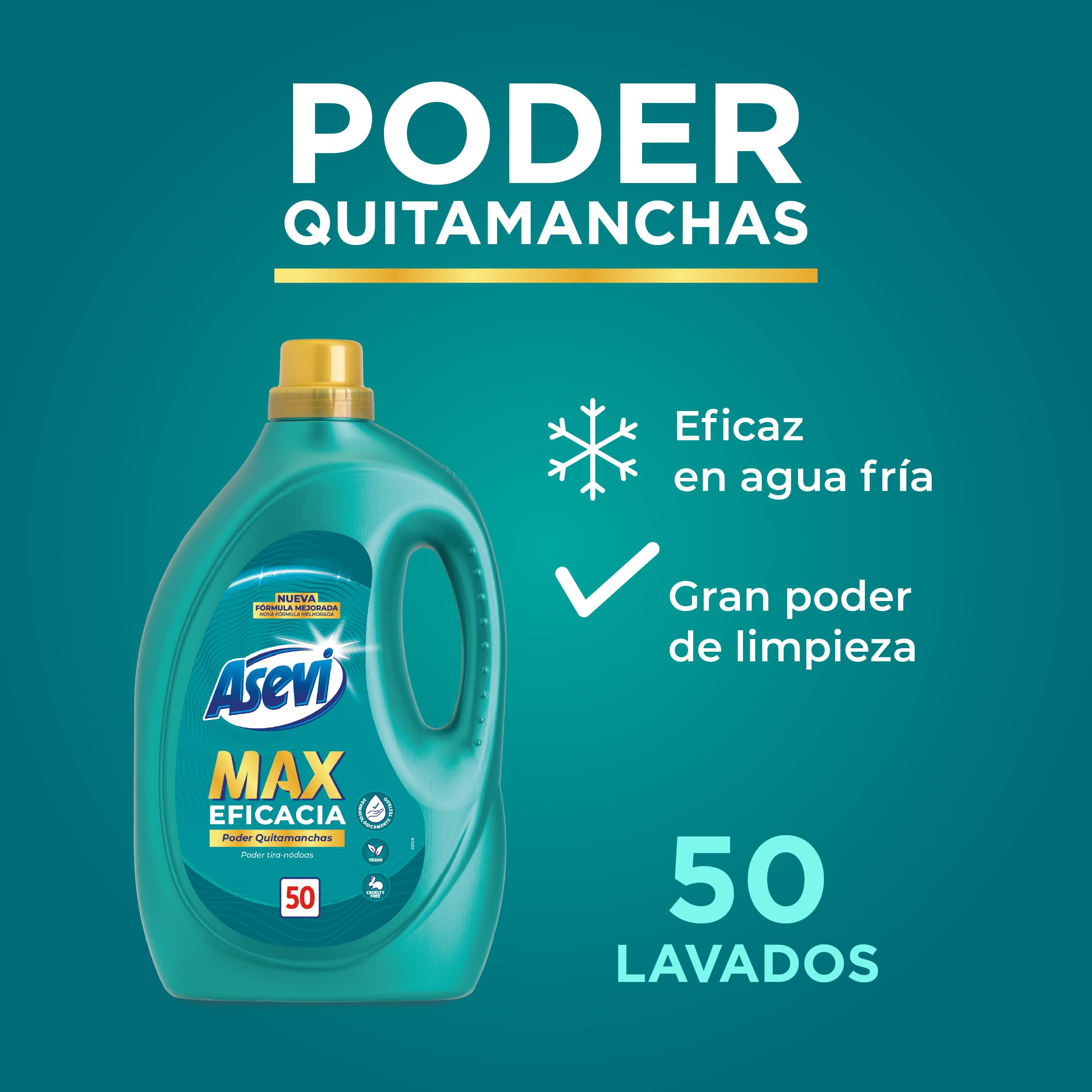 Asevi Detergente Líquido para Lavadora Max Eficacia - Detergente Hipoalergénico Concentrado para Ropa Blanca y de Color - Poder Quitamanchas para una Ropa Limpia y Fresca - Pack 5 x 50 Lavados