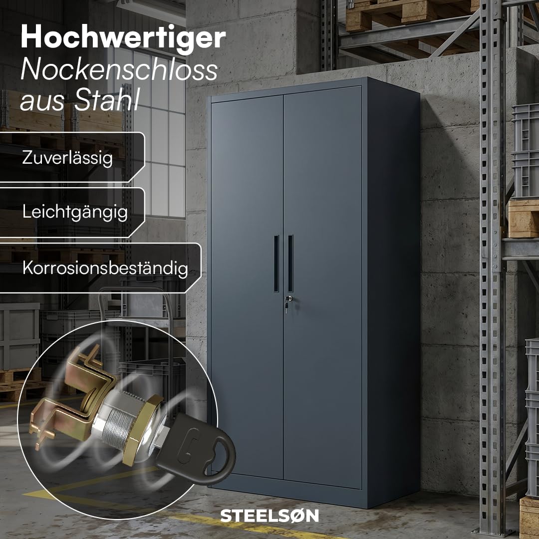 STEELSØN Regulus Metallschrank abschließbar – Garderobenschrank mit 6 Fächern und 1 Kleiderstange – Spind Schrank mit Doppeltüren – Mehrzweckschrank Anthrazit – Kleiderschrank Metall 175x40x80 cm