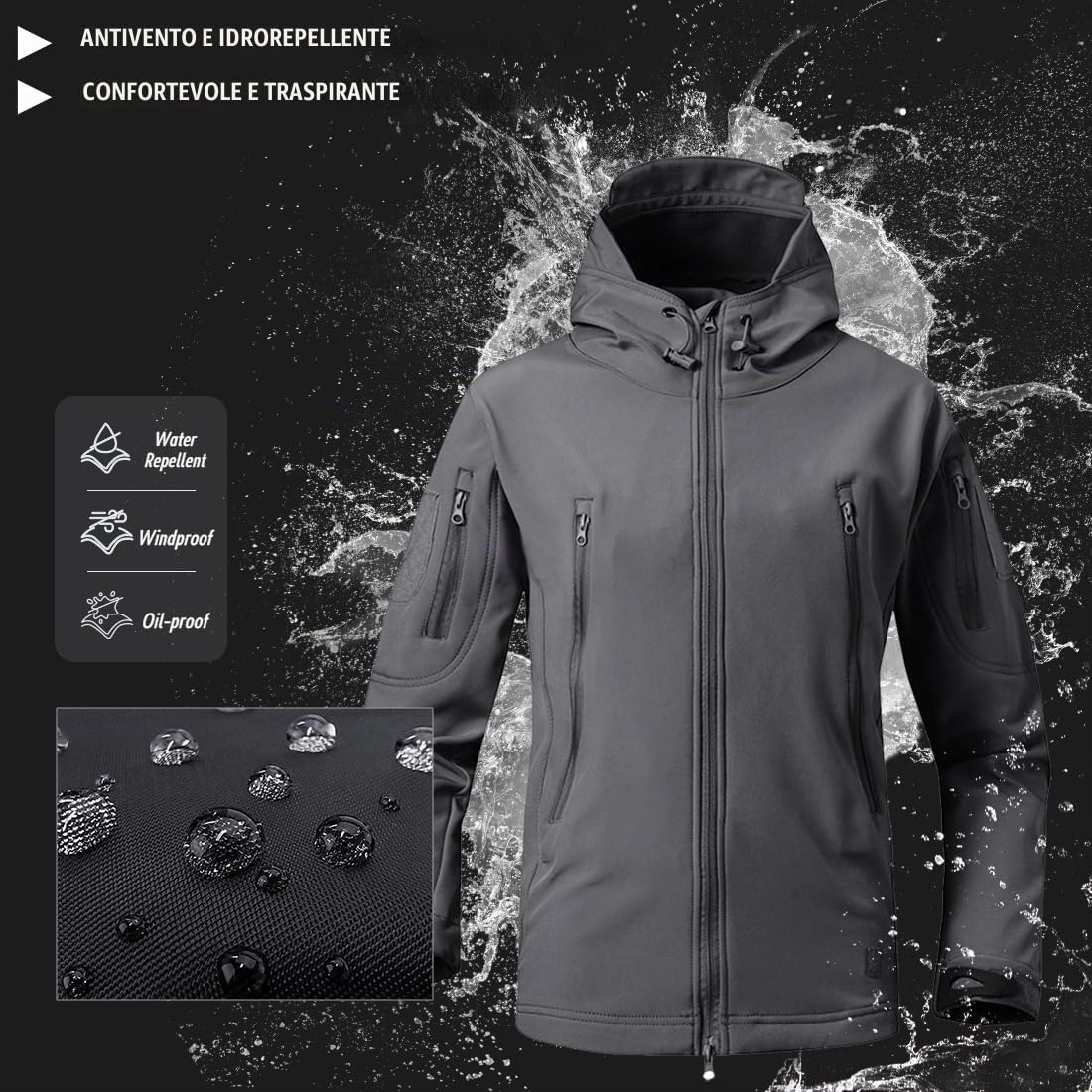 WINKEEY Giacca da Uomo Giacca Softshell con Cappuccio Autunno Invernale Giacca esterna impermeabile e antivento foderata in pile caldo