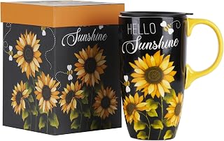 DUSVALLY Coffee Mug Ceramic Coffee Cup with Lid Porcelain Latte Tea Cup with Handle 17OZ.,Black and Sunflower