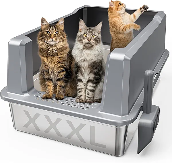 Suitfeel XXL Stainless Steel Cat Litter Box with Lid, Odorless XL Metal Box for Big Cats, Extra Large Kitty Litter Pan, Easy Clean Steel Box Anti-Leakage, Include Litter Scoop