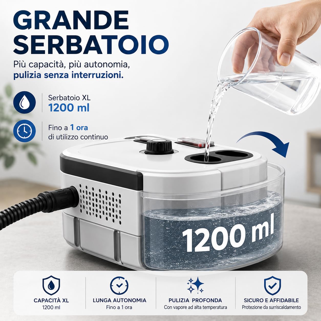 Pulitore a Vapore Portatile 2500W ad Alta Pressione – 6 Velocità Regolabili, Serbatoio 1200 ml, 3 Testine Incluse – Ideale per Casa, Cucina, Bagno, Finestre e Auto
