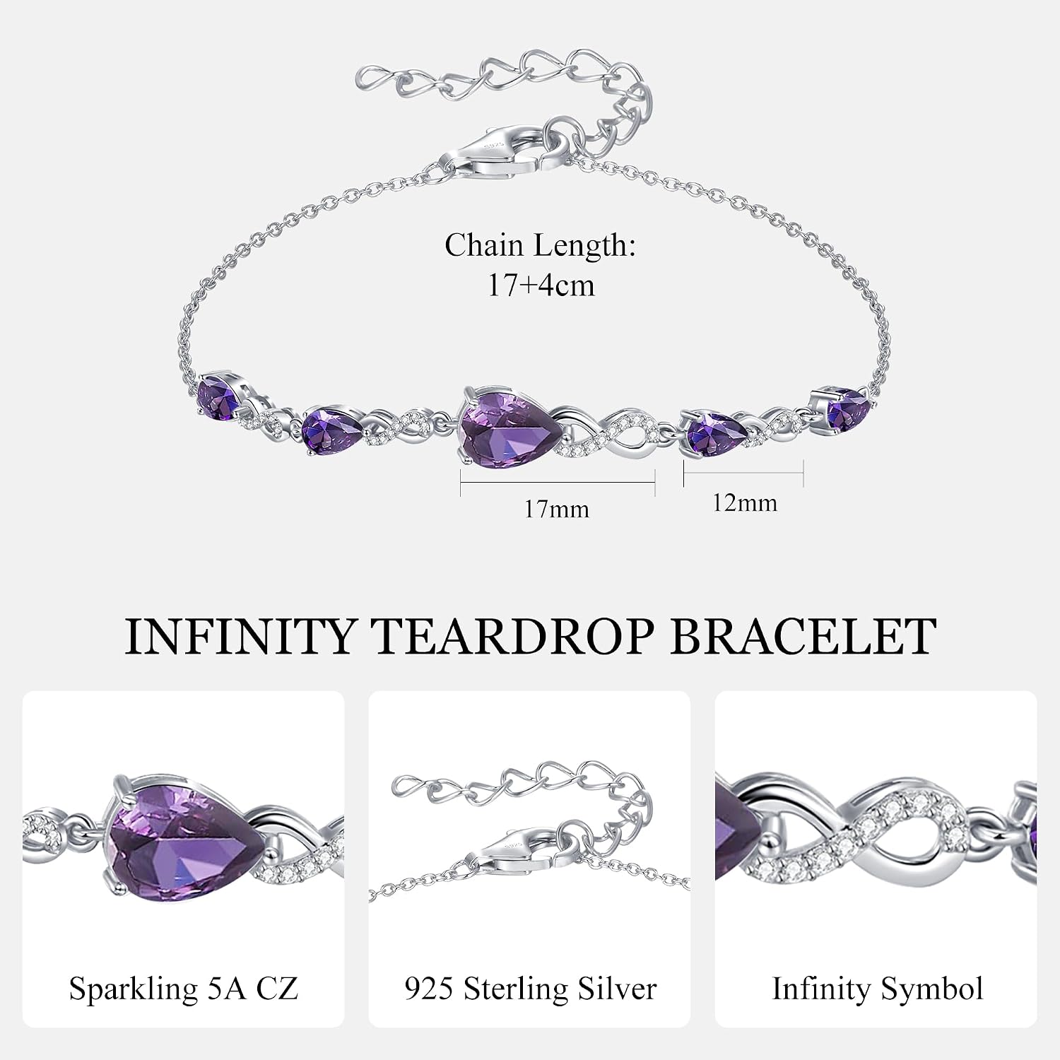Birthstone Teardrop Infinity Bracelet for Women, Sterling Silver 9x7mm main Gemstone Charm Link Bracelet Adjustable, Anniversary Day Gifts for Wife Jewelry Gifts for Women Mom Girlfriend Her