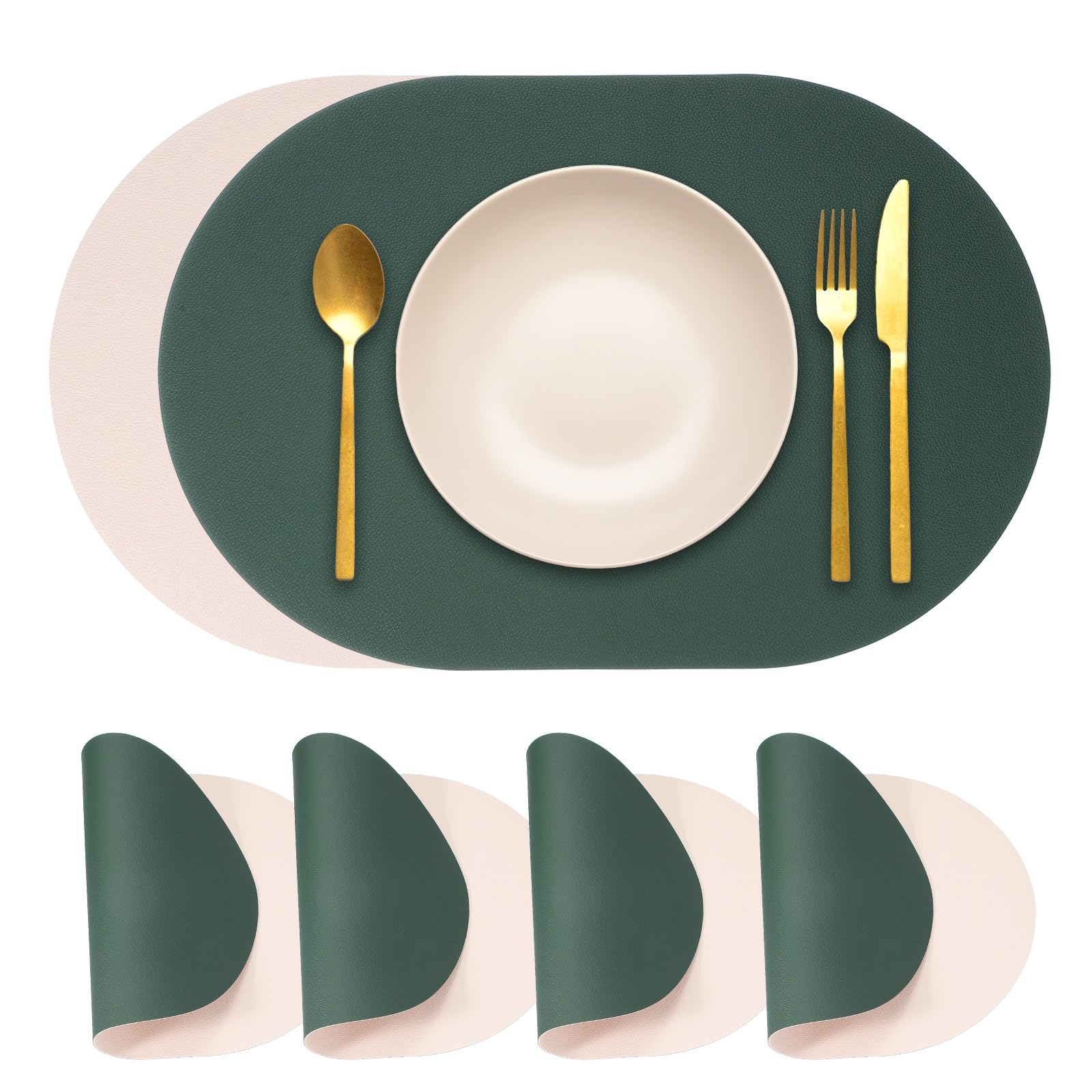 Set de table lavable et résistant à la chaleur en similicuir vert imperméable, lot de 4