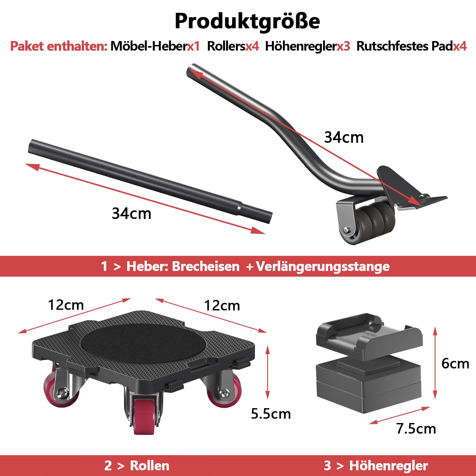 ONEON Möbel Transportroller mit Rollen Set - Connect Dolly | 360° Drehbare Möbelroller zum Bewegen von Schwere Möbeln, Geräte, Max. 300 KG, inkl. Möbelheber