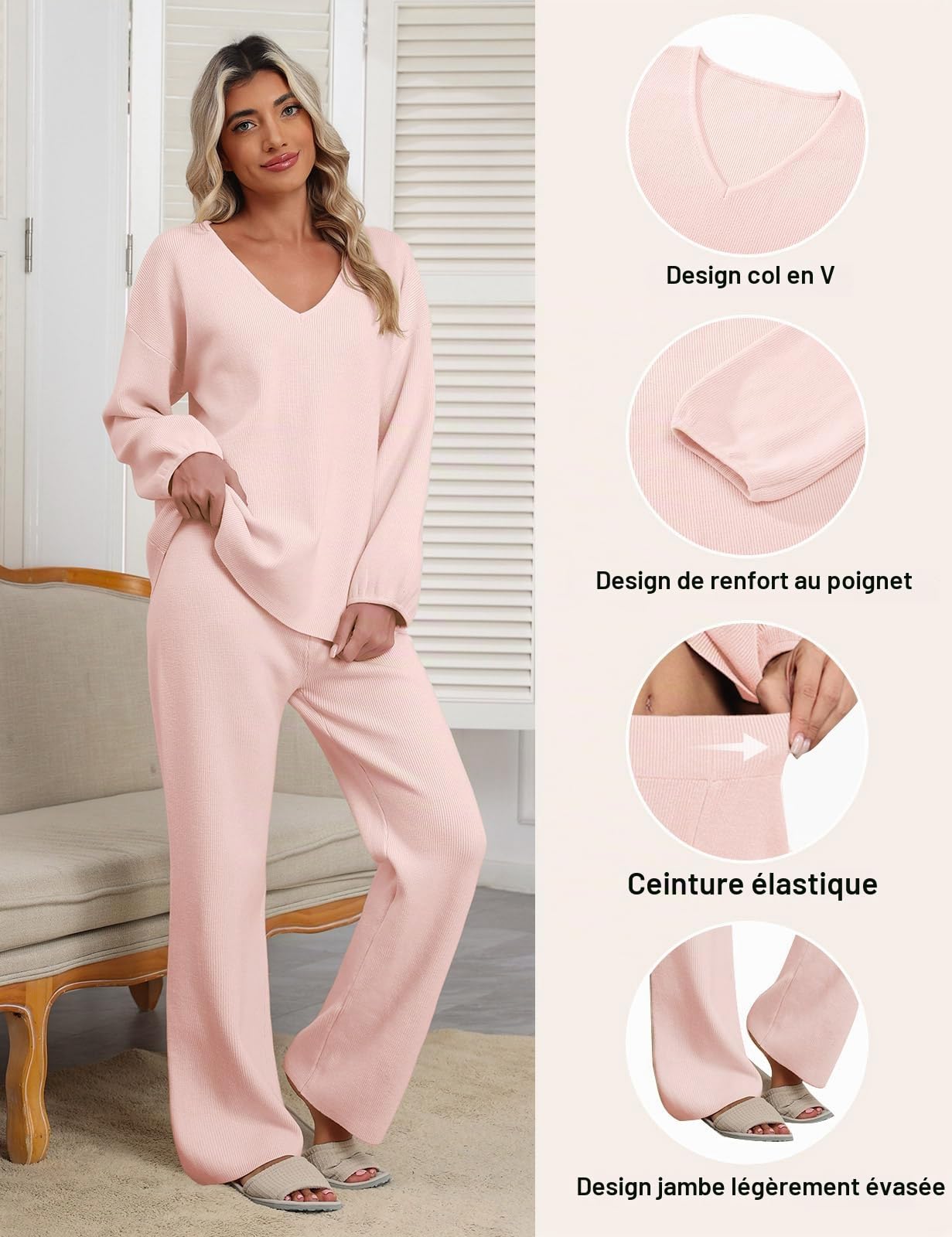 Ensemble Femme 2 Pièces Pyjama Hiver Automne Haut Manches Longue Col en V Tricot Côtelé Pantalon Droit à Taille Élastique Survêtement Doux Tenue Interieur Chic et Elegant