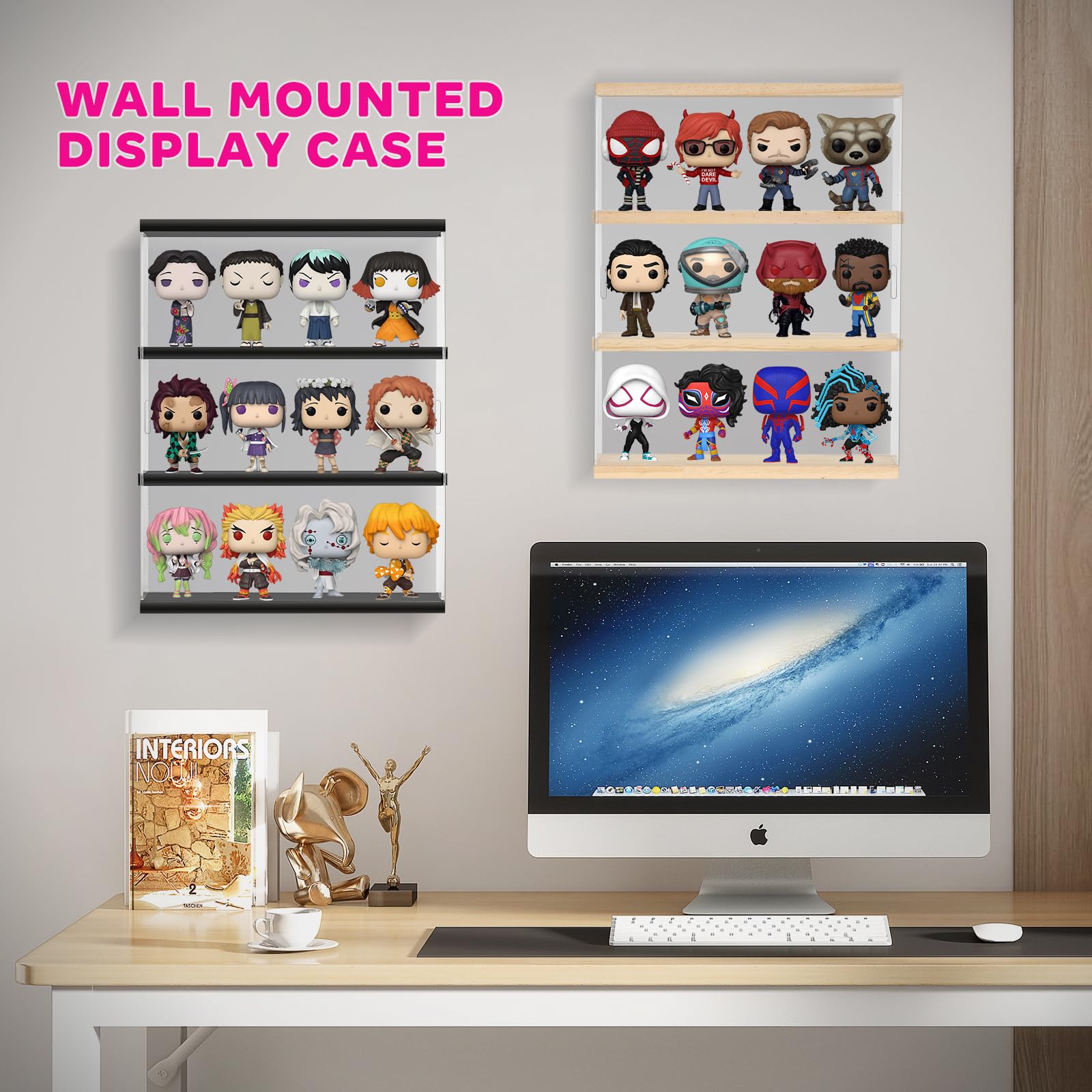 Vitrine Murale pour Collection en Acrylique, 3 Niveaux Boite Acrylique d'exposition Vitrine Transparente avec Porte pour Mini Funko Pop, Figurine, 29.3x8.5x38cm, Bois
