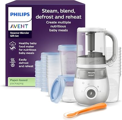 Philips Avent Steamer Blender Gift Set – EasyPappa 4 in 1, cuoci a vapore, frulla, scongela e riscalda facilmente le pappe, con vasetti e coperchi, SCF883/20