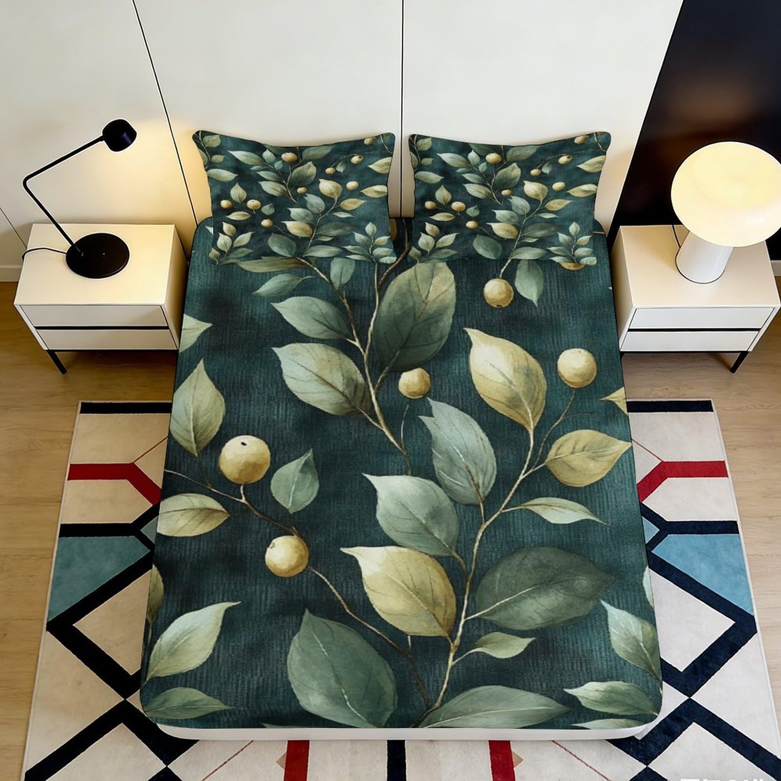 3D Printed Botanical Leaves Fitted Sheet Microfiber Soft Green Yellow Fruit Mattress Cover for Bedroom Guest Room Decor 200x200x25cm