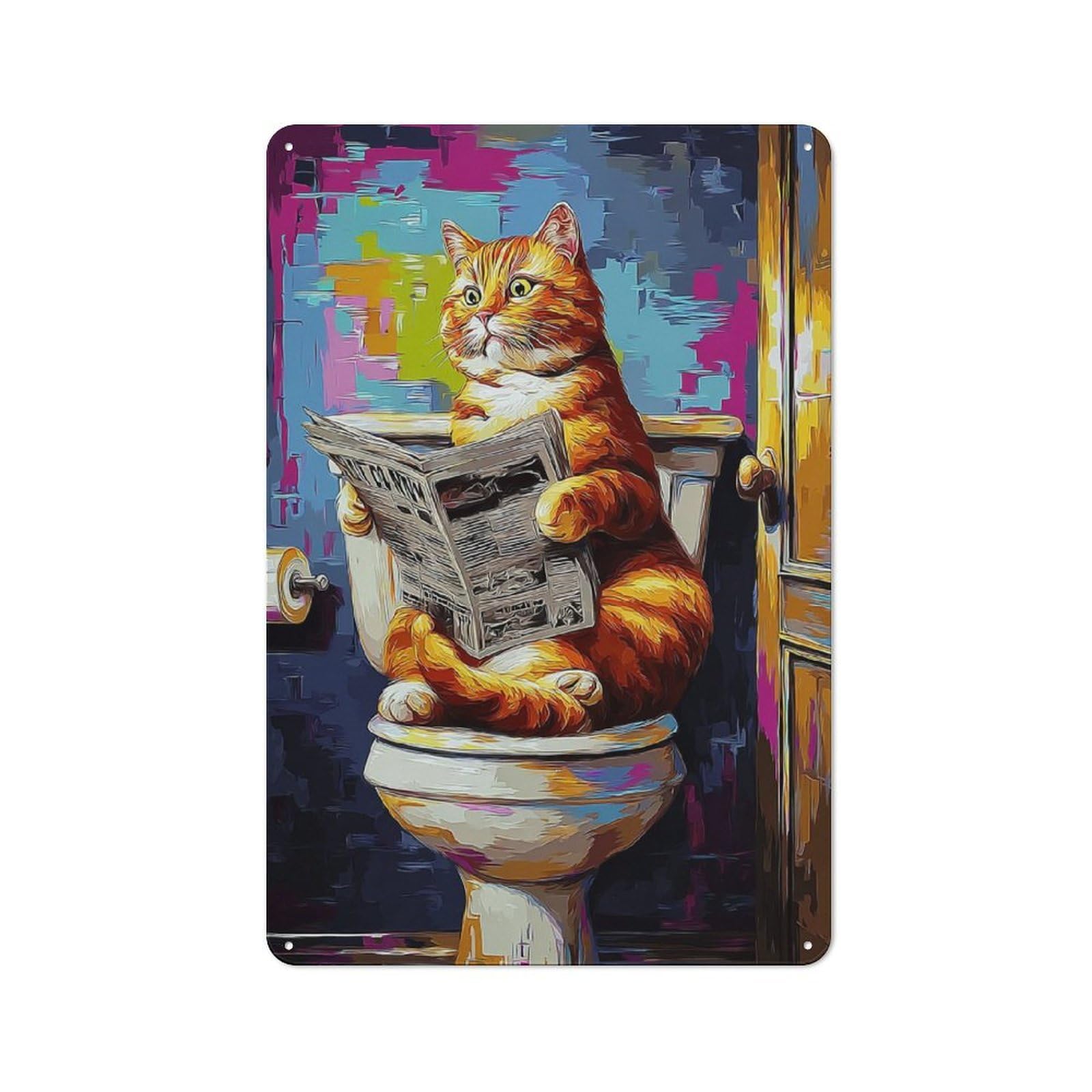 Junmoney Cat On Toilet Reading Newspaper -6 Metal Sign 30X20cm, Vintage Bar Wall Plaque For Diner, Restaurant, Shed Or Kitchen